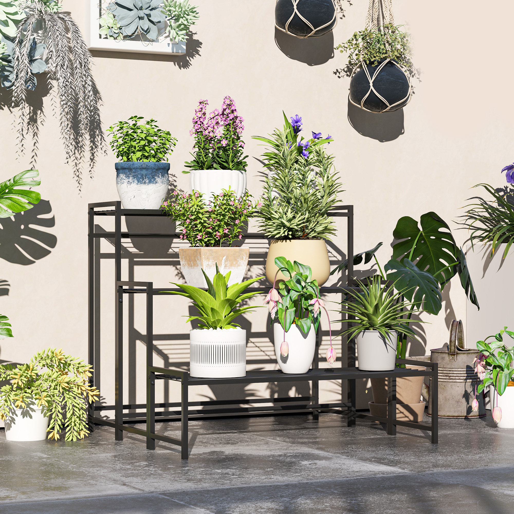 Blumentopfständer, 3-stufiger Pflanzenständer in Treppenform, Blumentopfgestell für drinnen und draußen, Metall, Schwarz