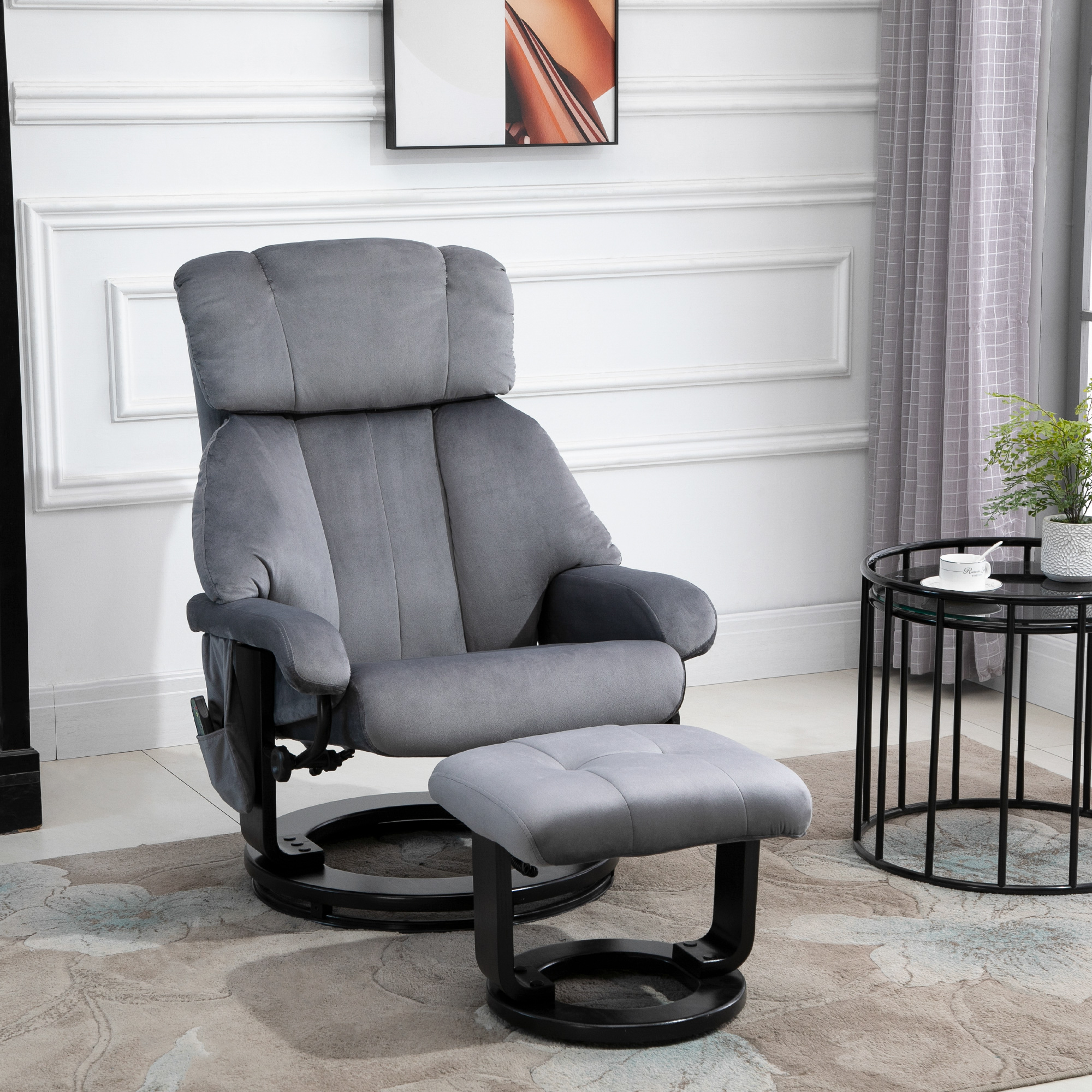 Relaxsessel mit Hocker, Drehbarer Fernsehsessel mit Schwingmassage, Liegefunktion, Massagesessel mit Seitentasche, Liegesessel mit Samtoptik für Wohnzimmer Grau
