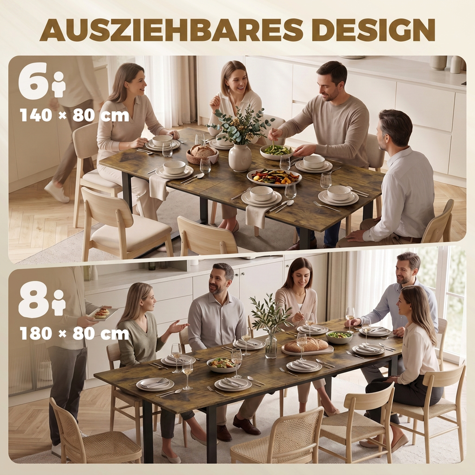 ausziehbarer Esstisch 140-180 cm für 6-8 Personen, rechteckig im Industrial-Design mit Stahlgestell, Tigerholzoptik