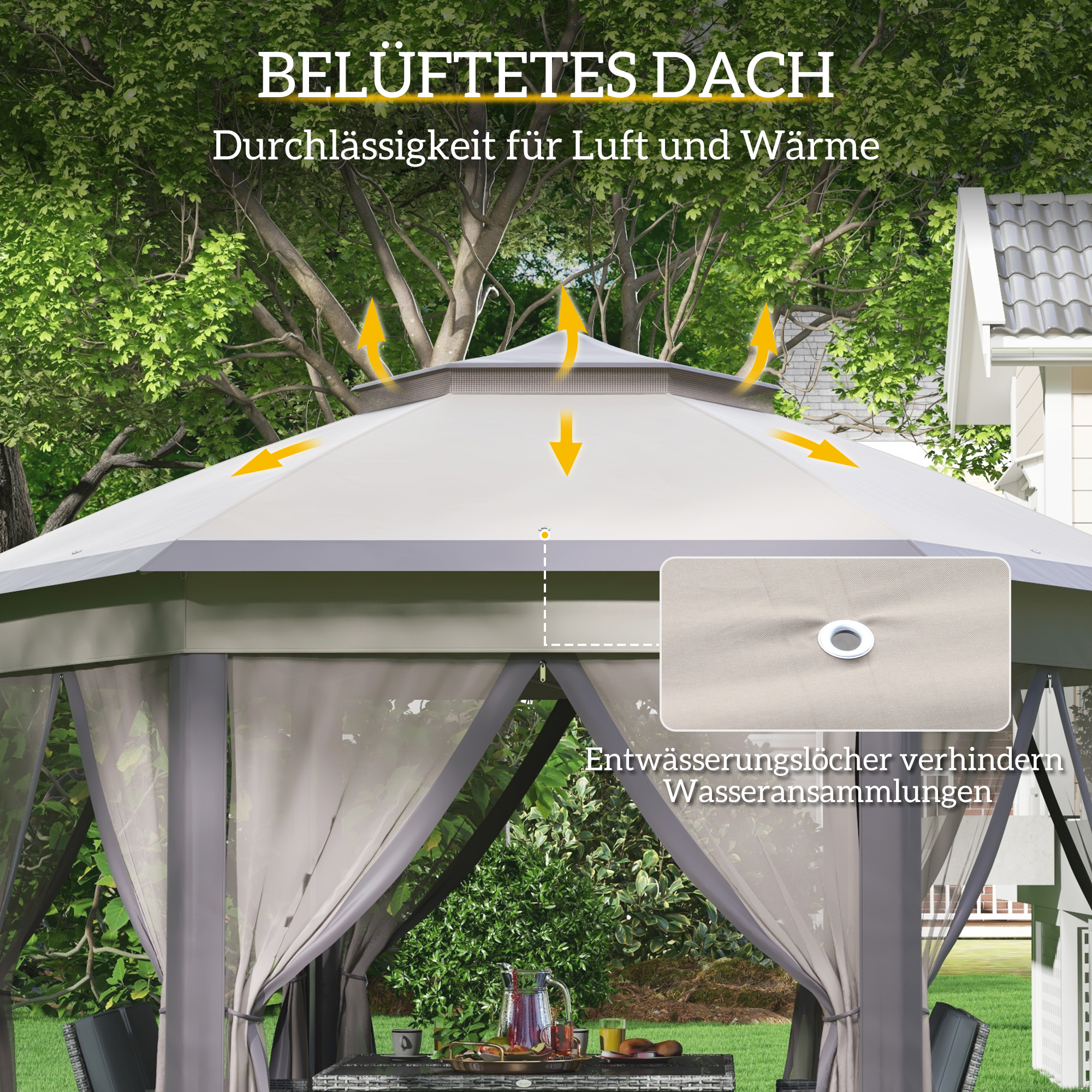 Pavillon 4x4m Wasserdicht Pop-up sechseckiger Faltpavillon, Doppeldach, Gartenpavillon mit 6 Seitenteilen, Partyzelt inkl. Tragetasche, für Garten, Terrasse, Festival, Kaffee+Beige