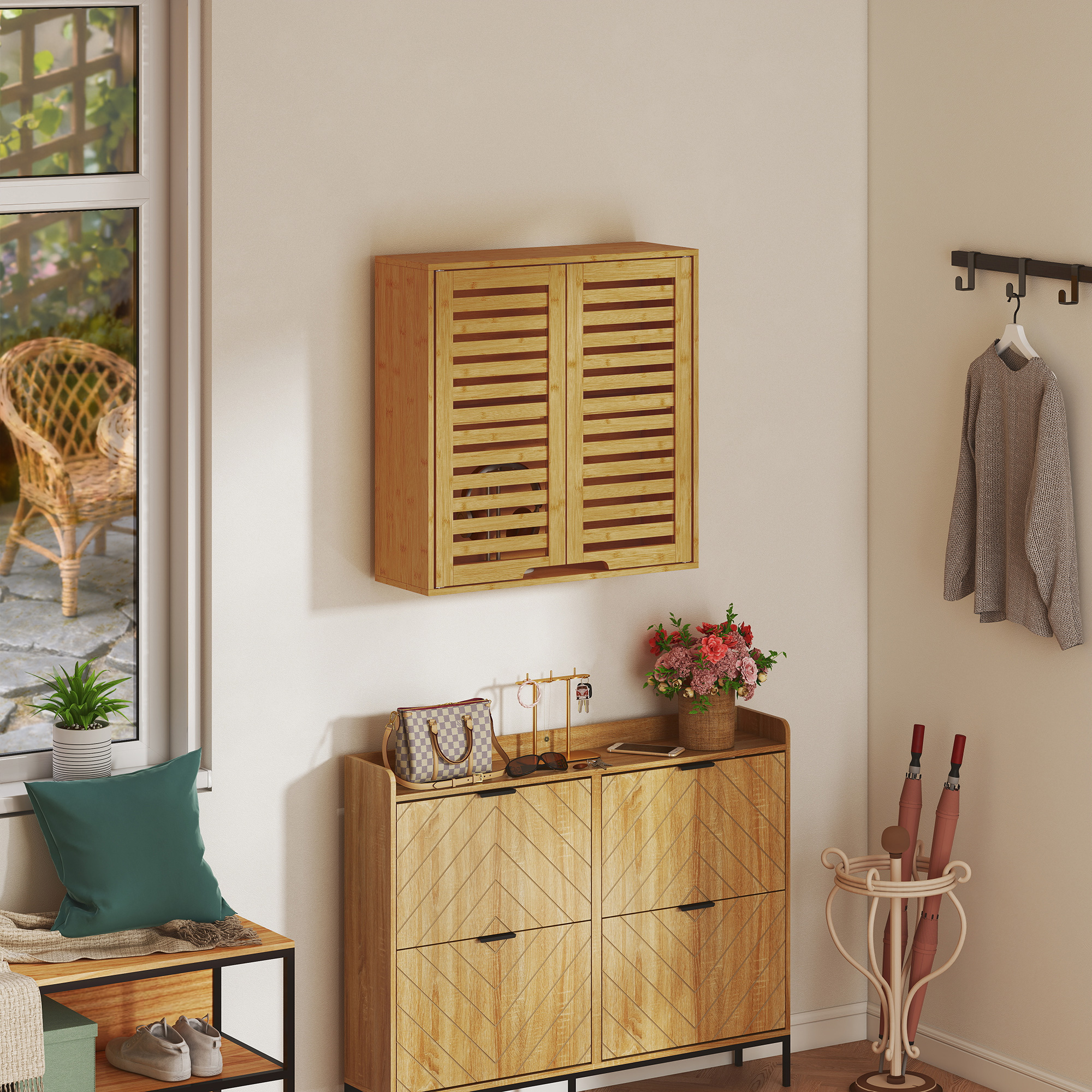 Badezimmerschrank Hängeschrank aus Bambus mit atmungsaktiv Lamellentüren, verstellbar Ablage 60 x 20 x 60 cm Naturholz