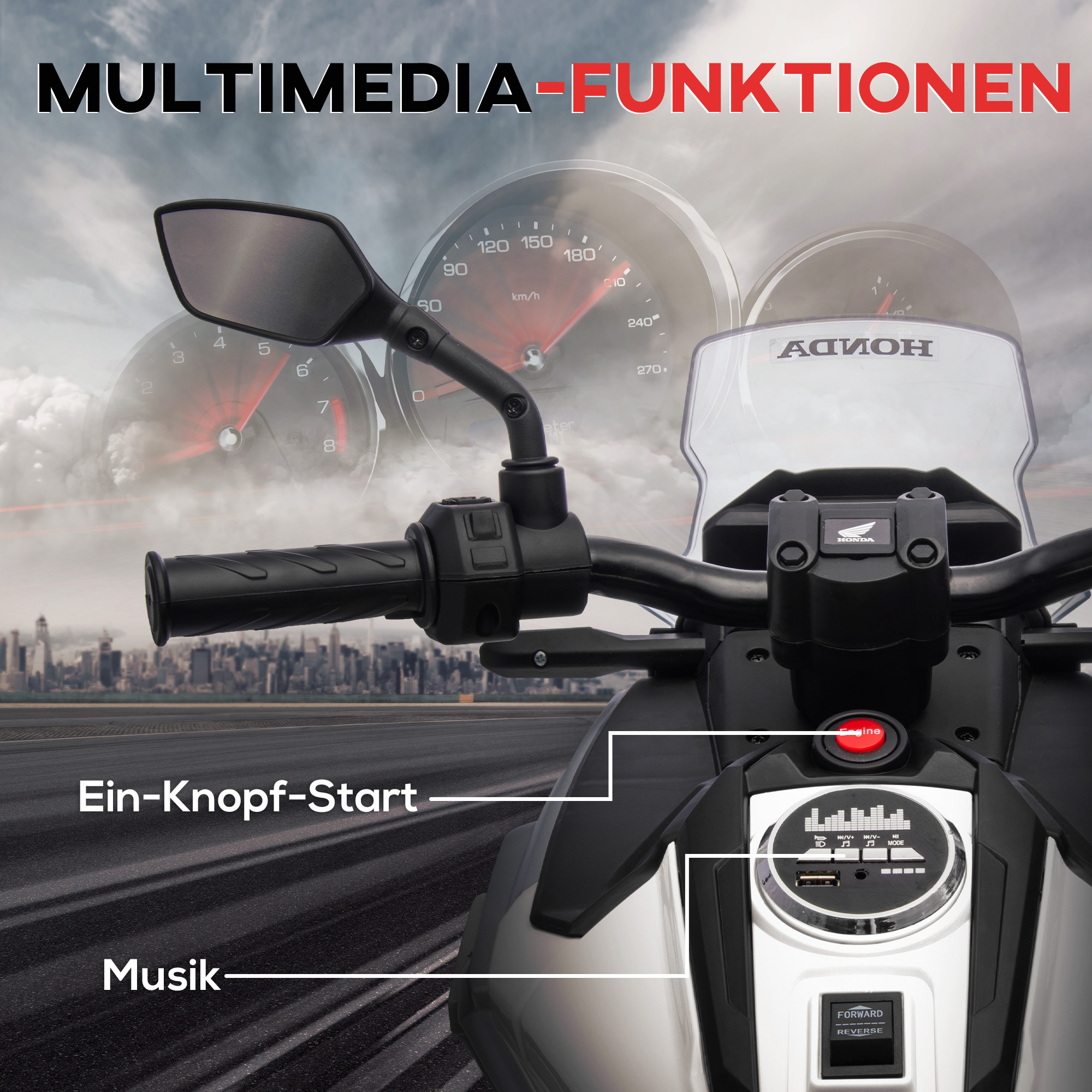 Elektro-Kindermotorrad, Honda, 3 km/h, Musik & Licht, 3-6 Jahre, bis 30 kg, Weiß