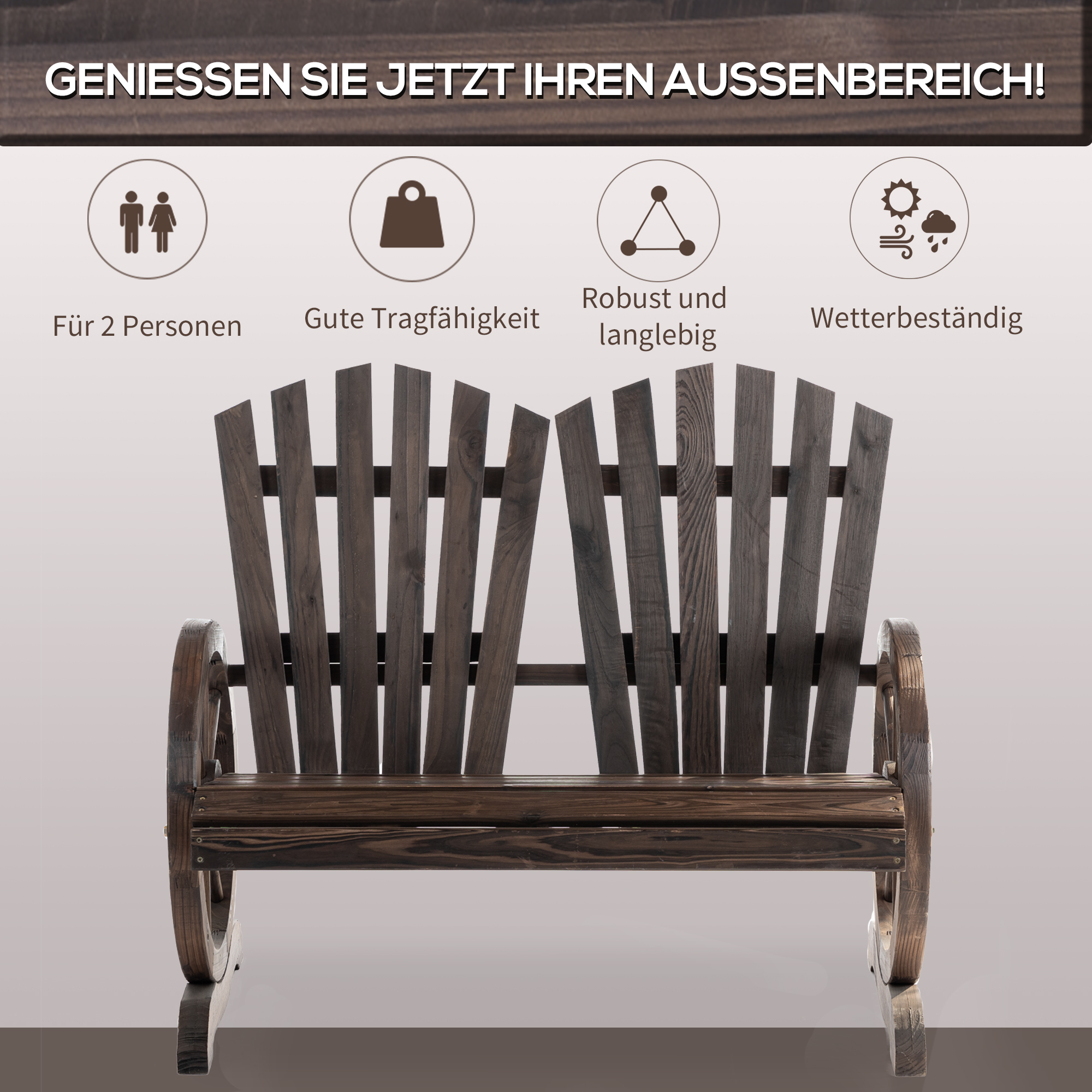 2-Sitzer Gartenbank Massivholz, Sitzbank mit Armlehne, Gartenmöbel 250kg belastbar, Rustikale Bank für Garten, Terrasse und andere Außenbereiche, 108 x 66 x 95 cm, Dunkelbraun