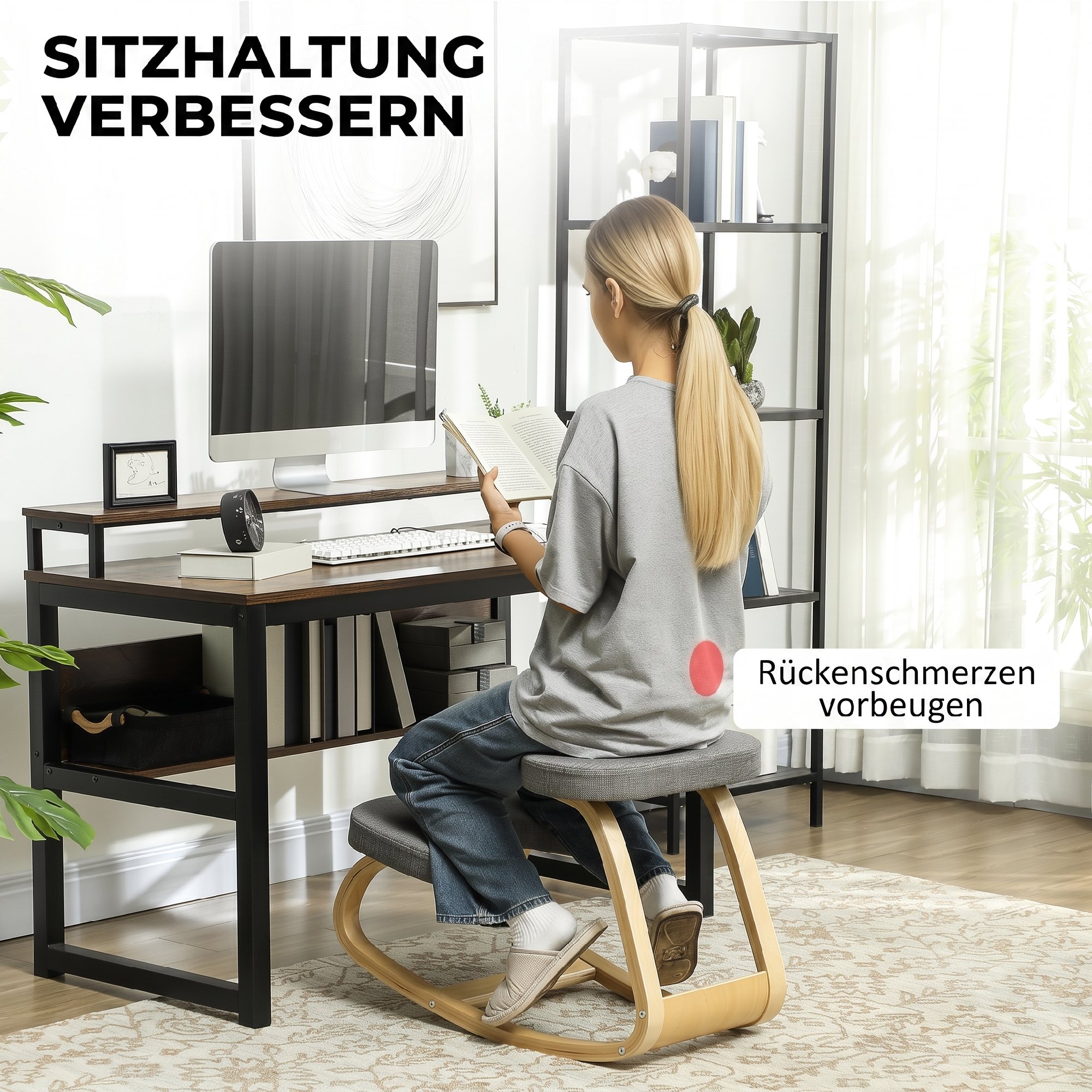Kniestuhl, Ergonomischer Kniehocker mit Leinenoptik, Basis aus Birkenholz zur Verbesserung der Nackenschmerzen