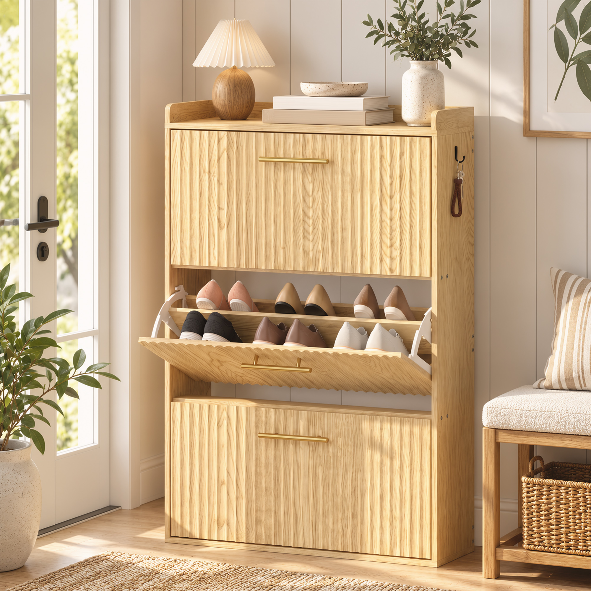 schmaler Schuhschrank mit Klappdesign und 3 Fächern, hellbraun