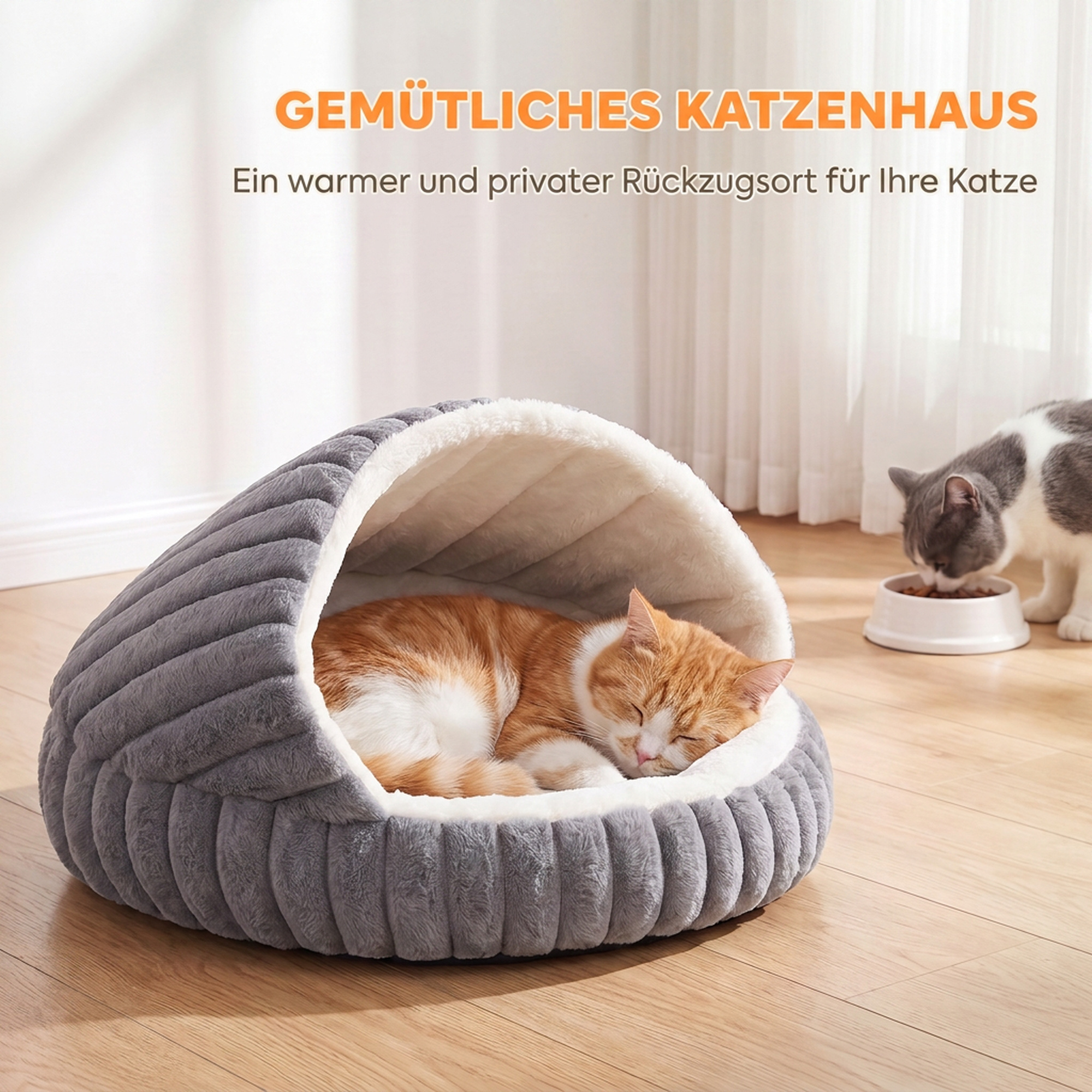 Katzenbett Plüsch Katzenhöhle mit abnehmbarem Kissen, Rutschfester Boden, Waschbar Katzenkorb, für Katzen bis 5 kg, Grau