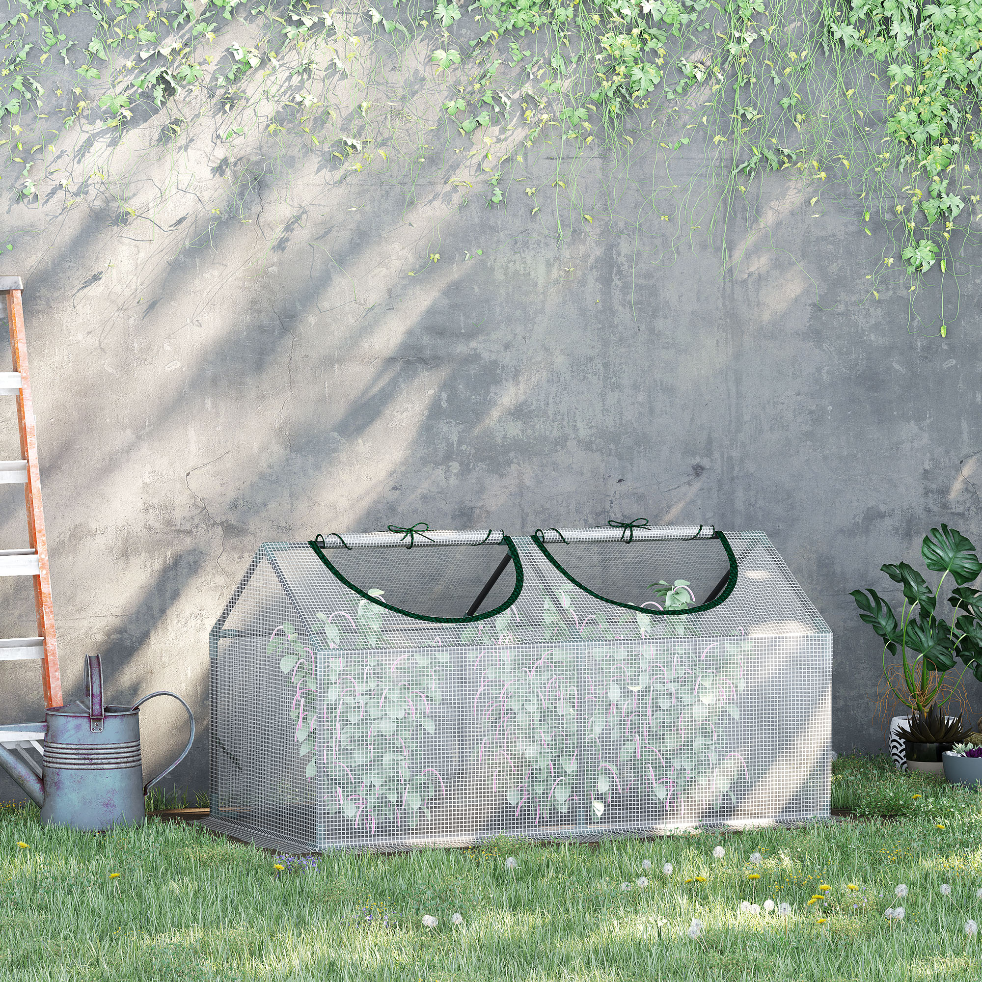 Gewächshaus mit Fernster, PE-Gitterfolie, Foliengewächshaus aus Stahl, Treibhaus für Balkon, Garten, Tomatenhaus 120x60x60cm, Tomatengewächshaus für Gemüse, Blumen, Pflanzen, Weiß