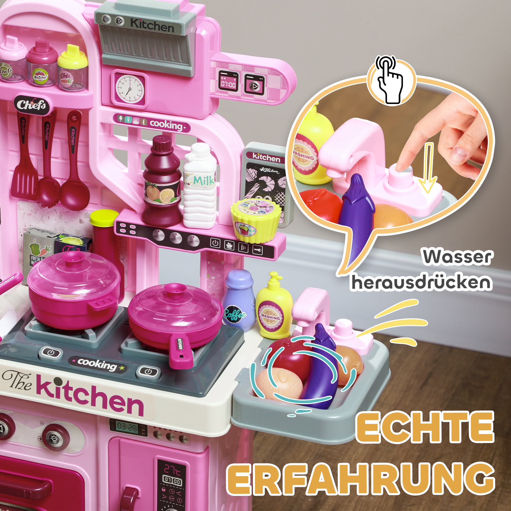 Spielküche, 33-teiliges Set, Licht- & Soundeffekte, für Kinder 3-6 Jahre, Pink