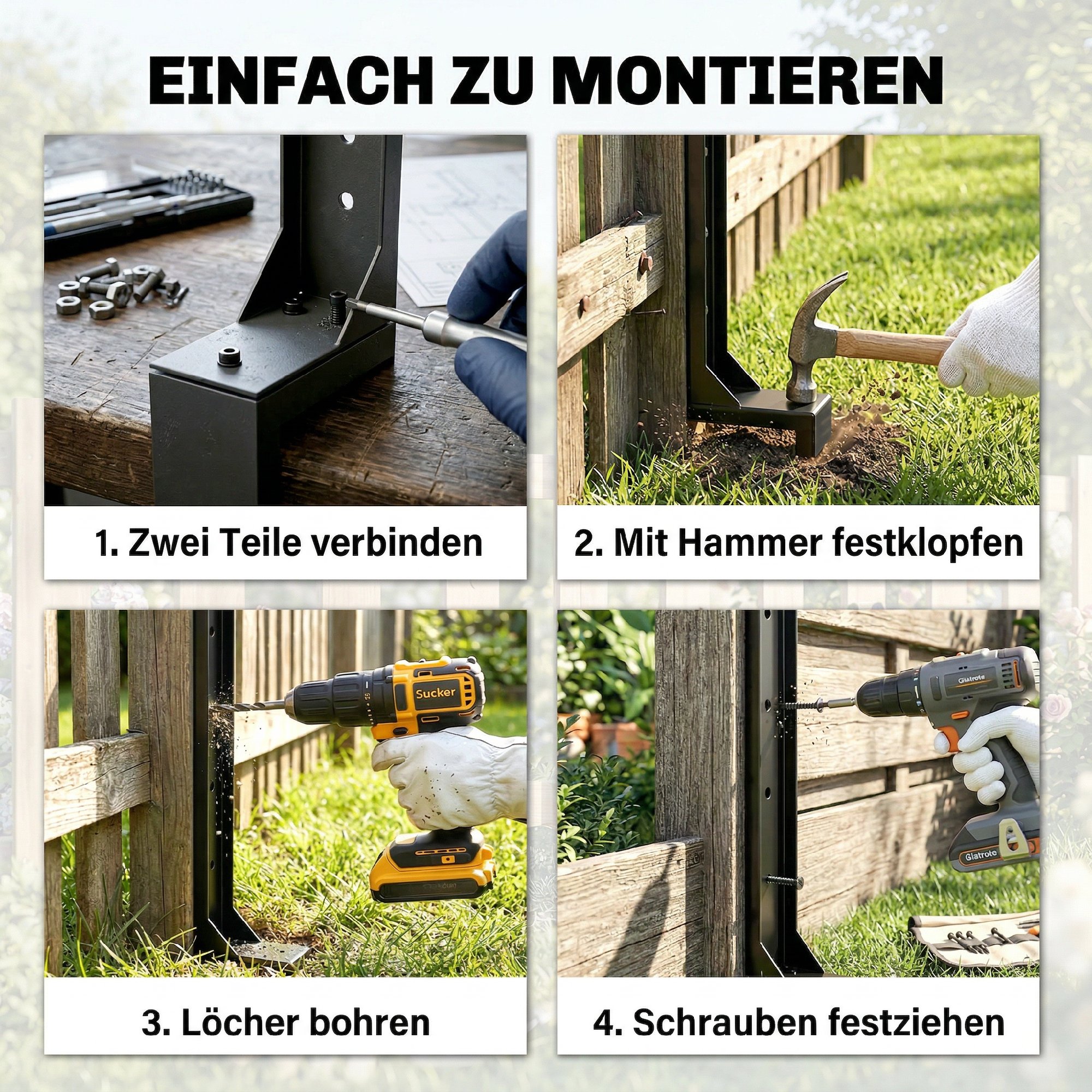 Zaunpfosten Reparaturset 2er-Set Stützpfähle für Zaunpfosten mit Nägeln Bohrer 81 x 5,5 x 12 cm Schwarz