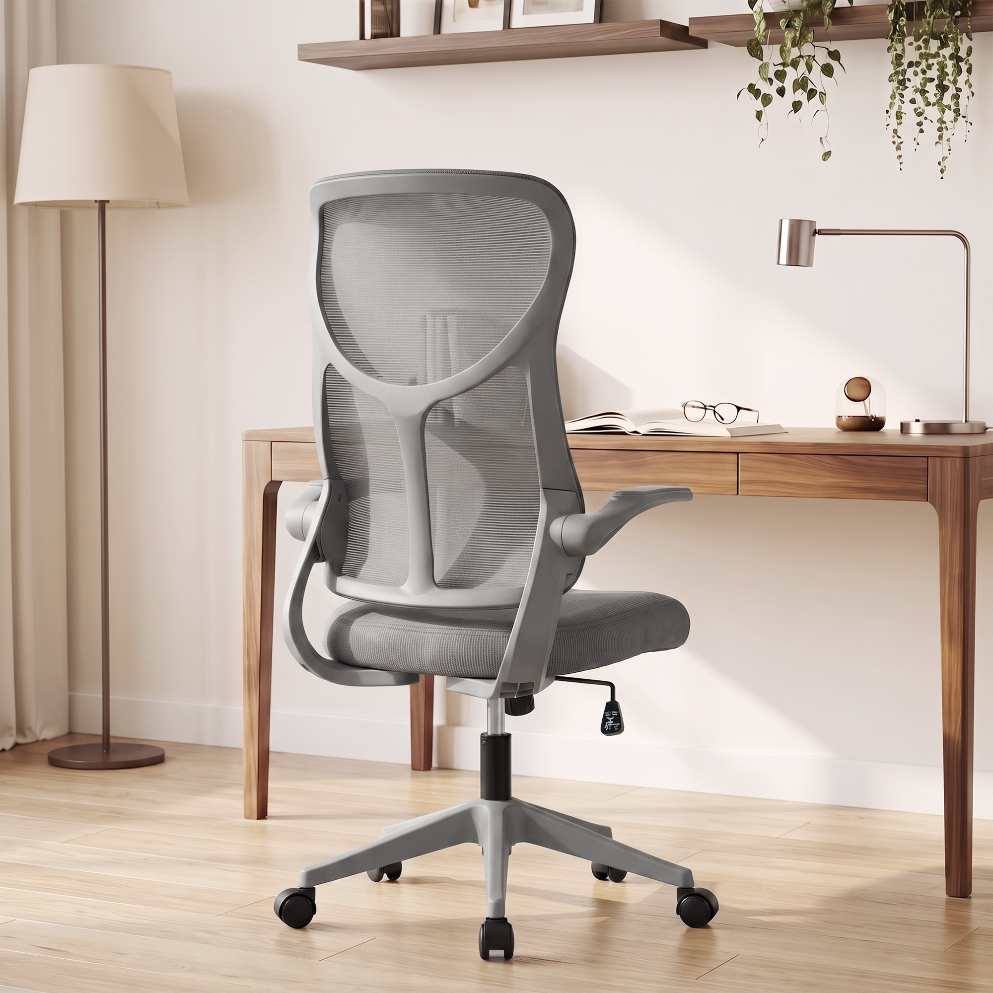 ergonomischer Mesh-Bürostuhl, drehbarer Stuhl mit hoher Rückenlehne, klappbaren Armlehnen, Wippfunktion, Grau
