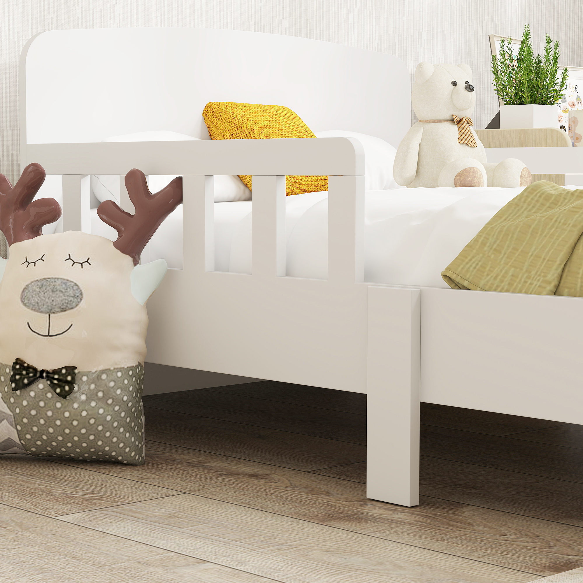 Kinderbett mit Sicherheitsschienen, Kleinkinderbett für Kinder im Alter von 3-8 Jahren, MDF, Weiß