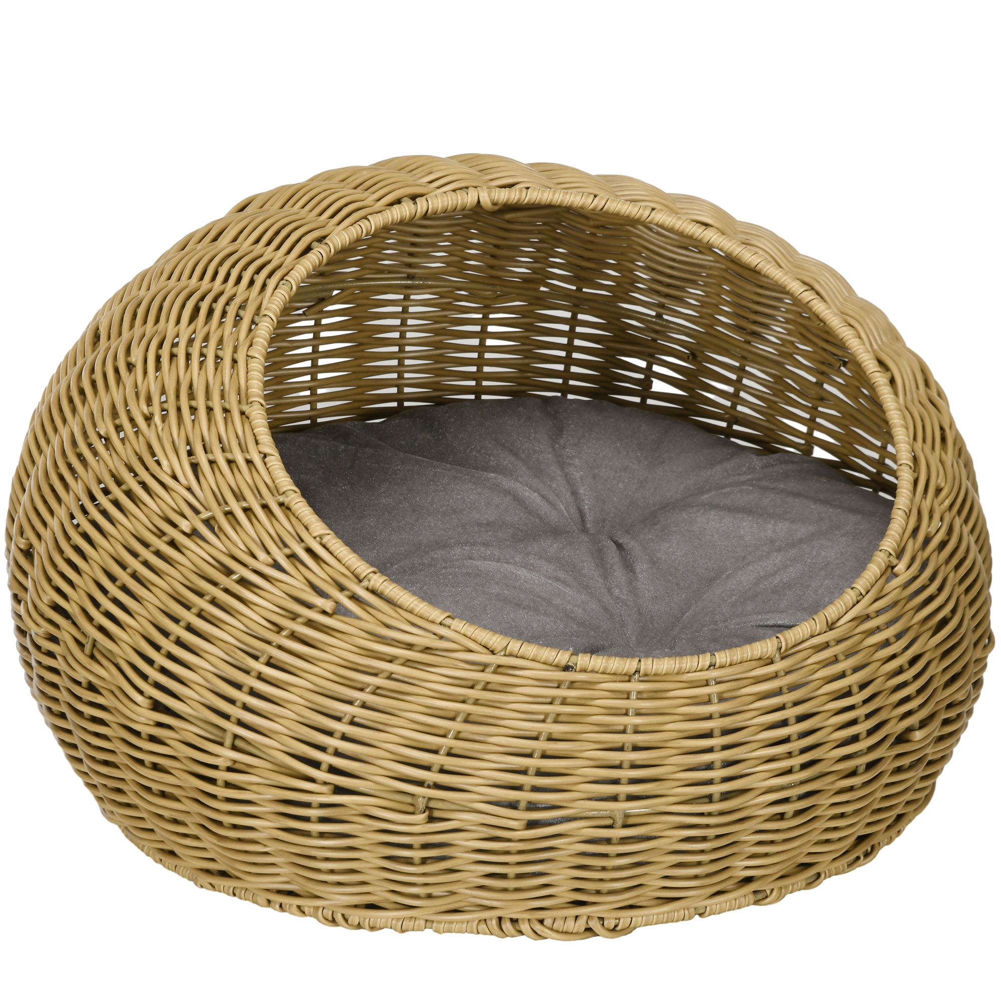 Katzenhöhle mit waschbarem Kissen, für Tiere bis 4 kg, Indoor, Kunst-Rattan, Ø50 x 31 cm, Hellbraun