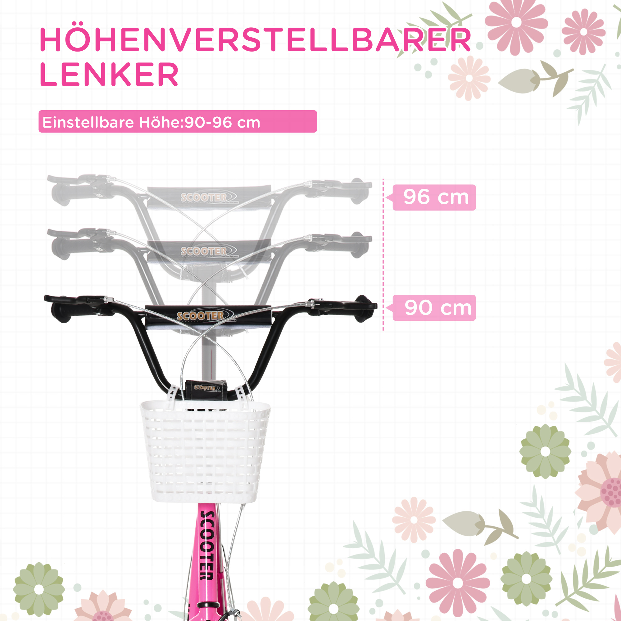 Kinderroller Tretroller mit Bremse, inkl. Korb, höhenverstellbar, für Kinder von 5 bis 12 Jahren, Weiß + Pink