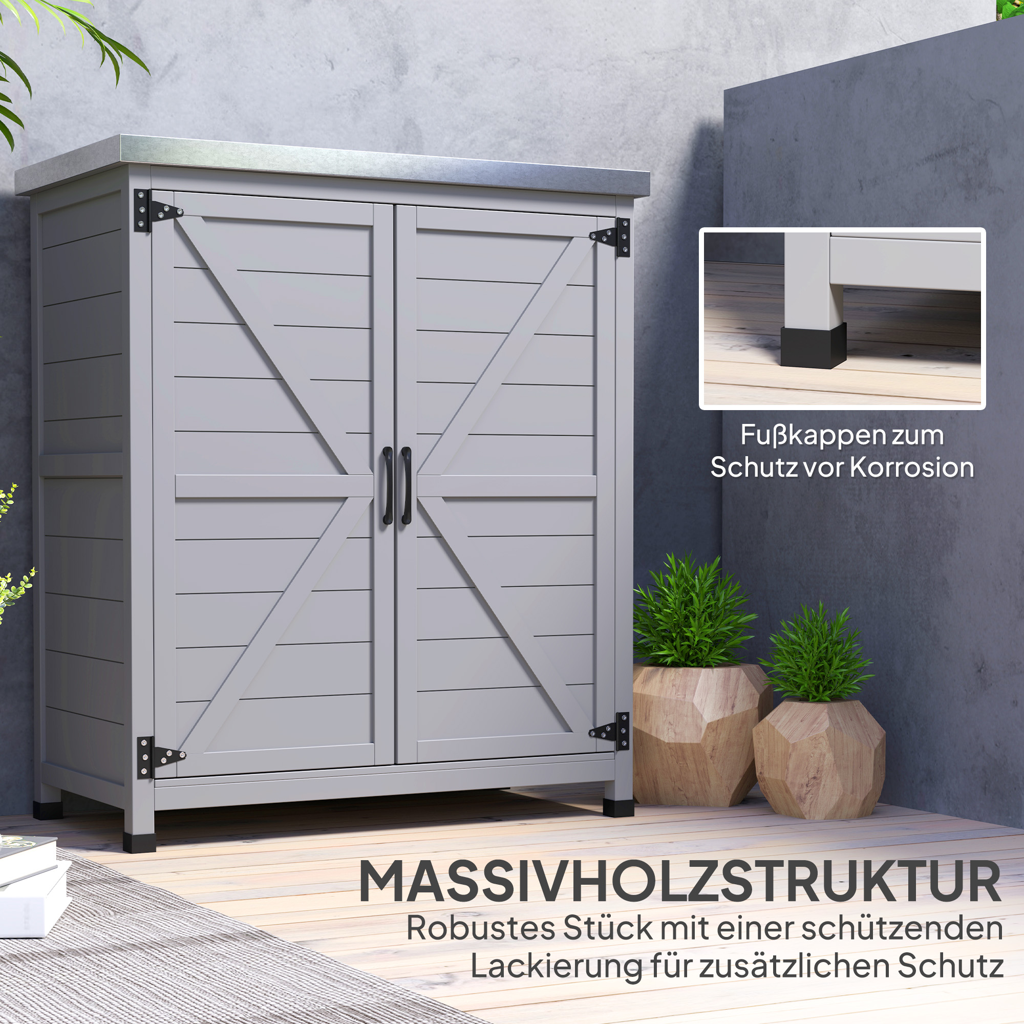 Gartenschrank, Außenschrank mit Arbeitsfläche, Werkzeugschrank, Massivholz, Stahl, 79B x 43T x 92H cm, Grau
