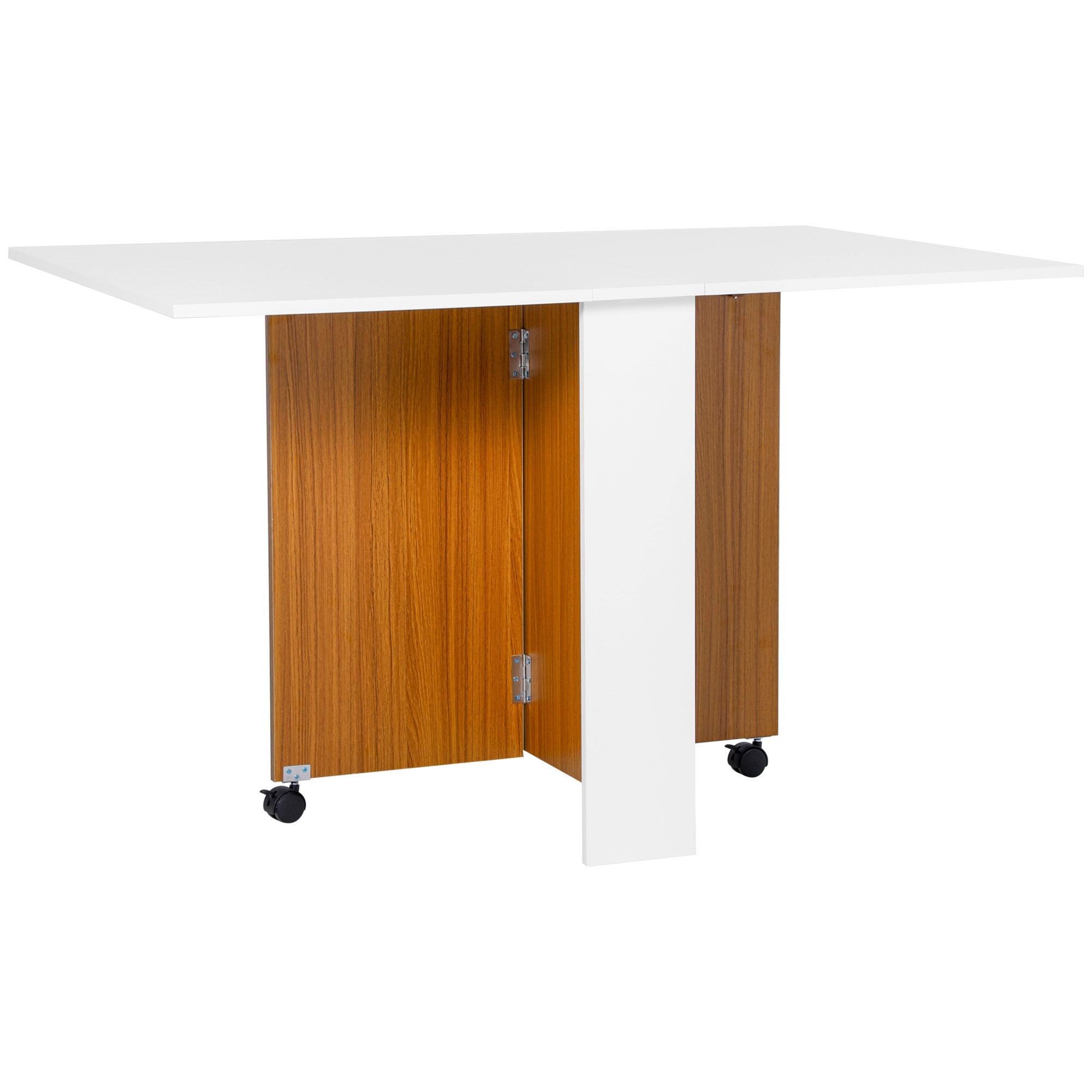 ausklappbarer Esstisch, ausziehbarer Esstisch, mobil, modernes Design, 120 cm x 80 cm x 73 cm, Teak + Weiß