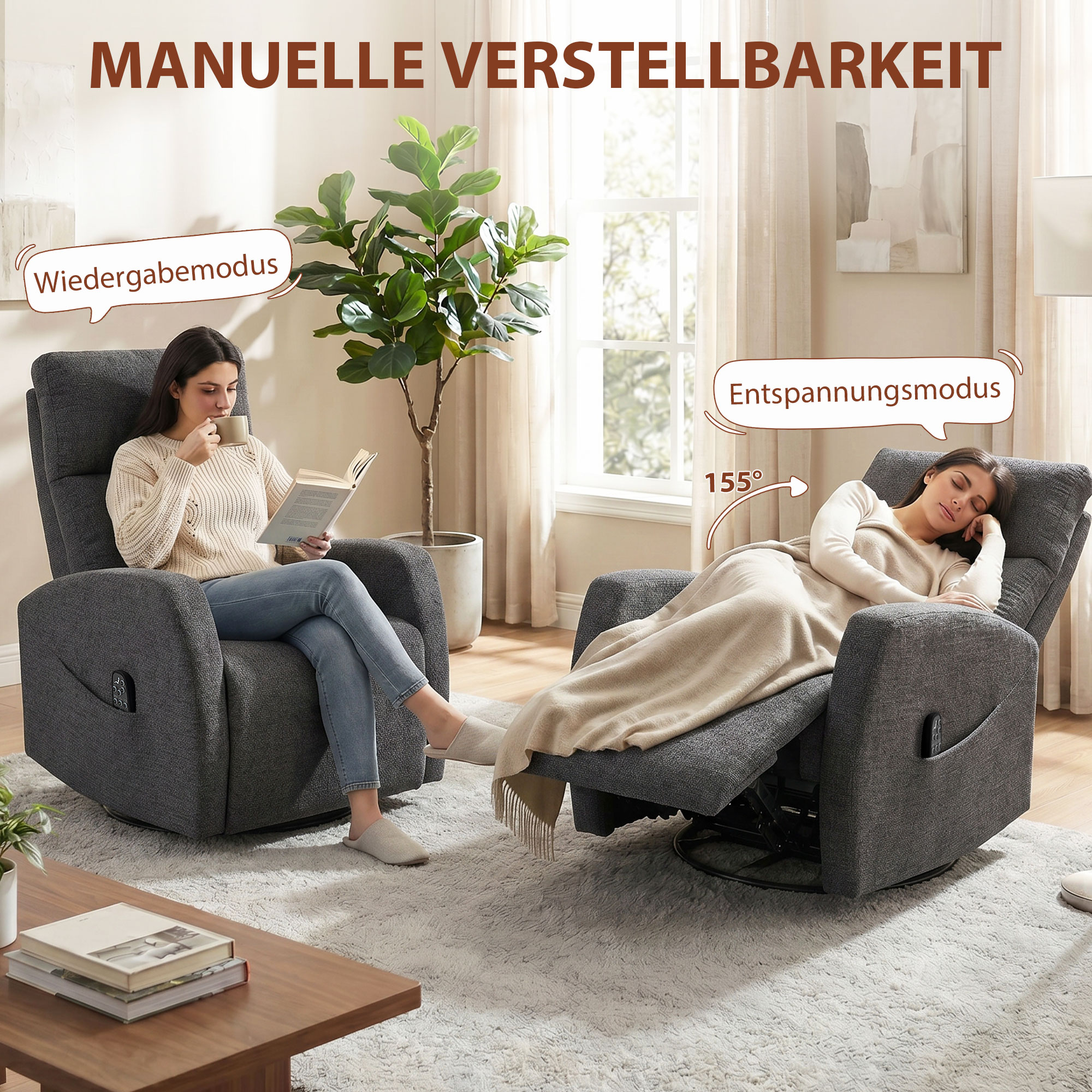 Relaxsessel drehbarer Fernsehsessel mit Wärme und Vibrationsmassage, Liegefunktion, Wippfunktion Dunkelgrau