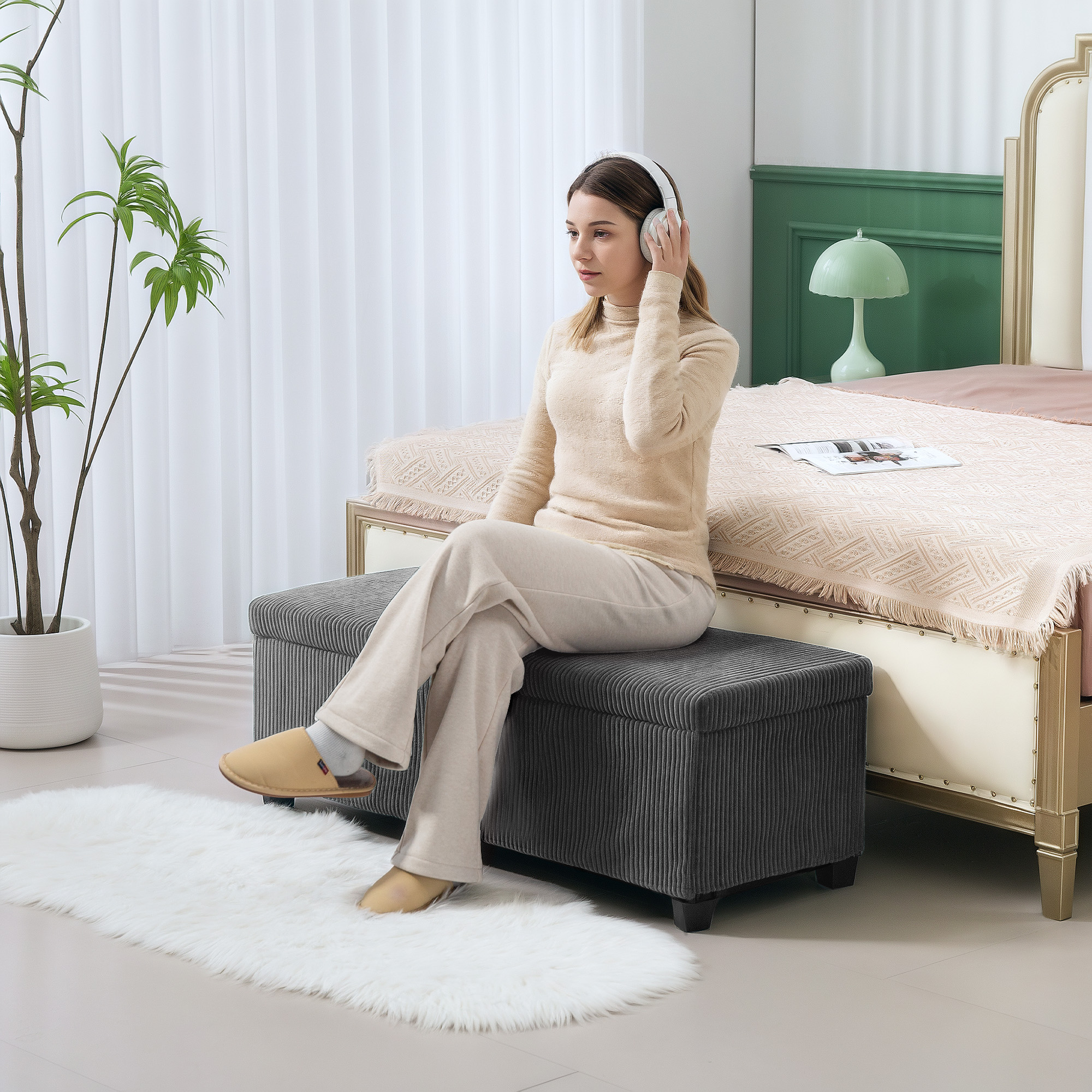 Faltbare Aufbewahrungsbank mit 84 L Kapazität 112x42x40 cm Samtbezug Fußende des Bettes für Wohnzimmer Schlafzimmer Grau