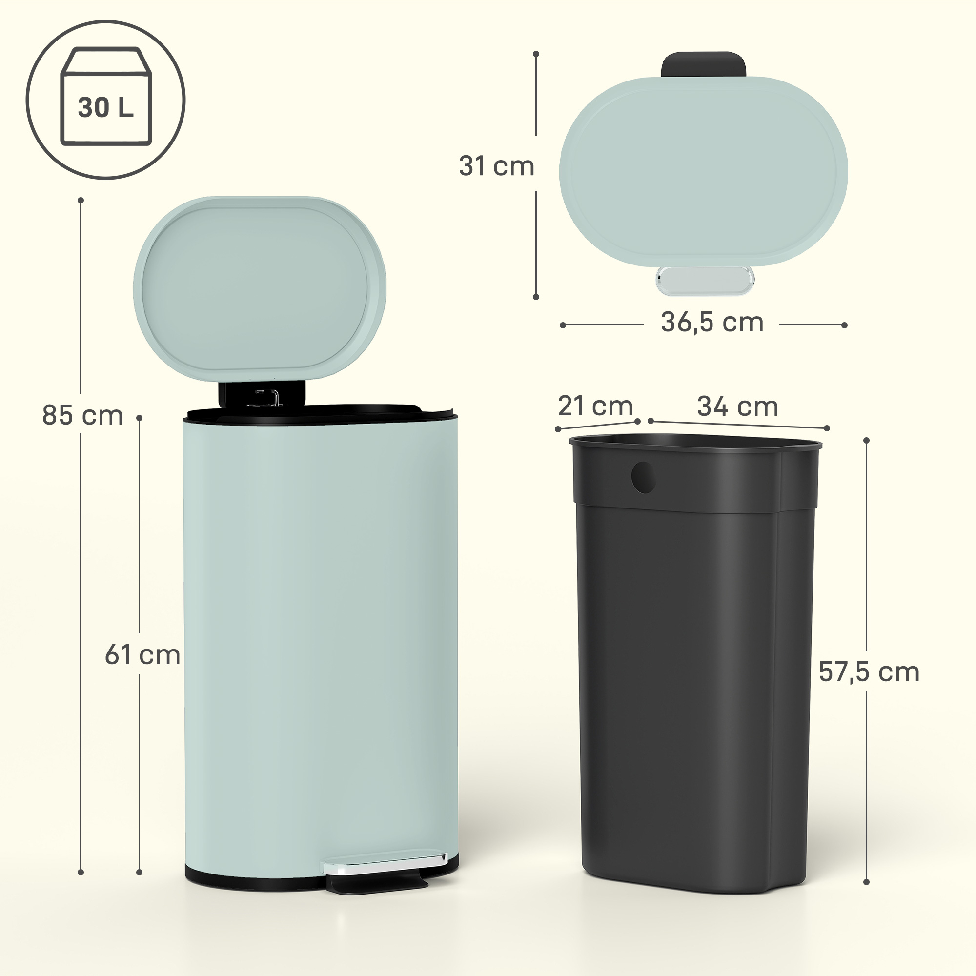 Mülleimer Küche 30 Liter Treteimer mit Soft-Close-Deckel, Pedal aus Metall, Grün, 36,5 X 31 x 61 cm