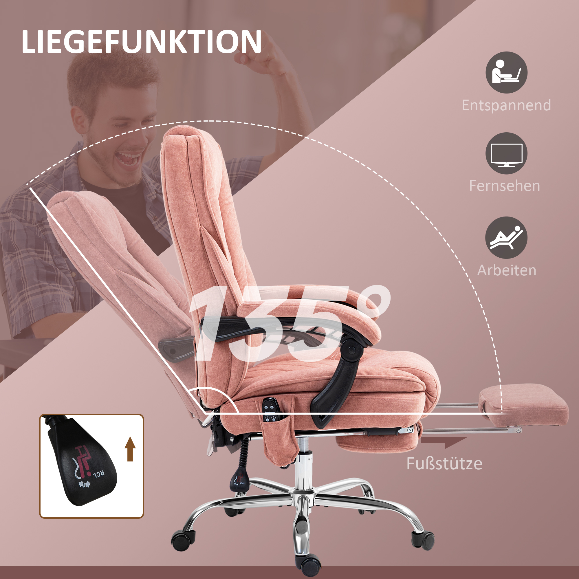 ergonomischer Bürostuhl mit Massagefunktion, Fußstütze, drehbar, rollbar, Rosa