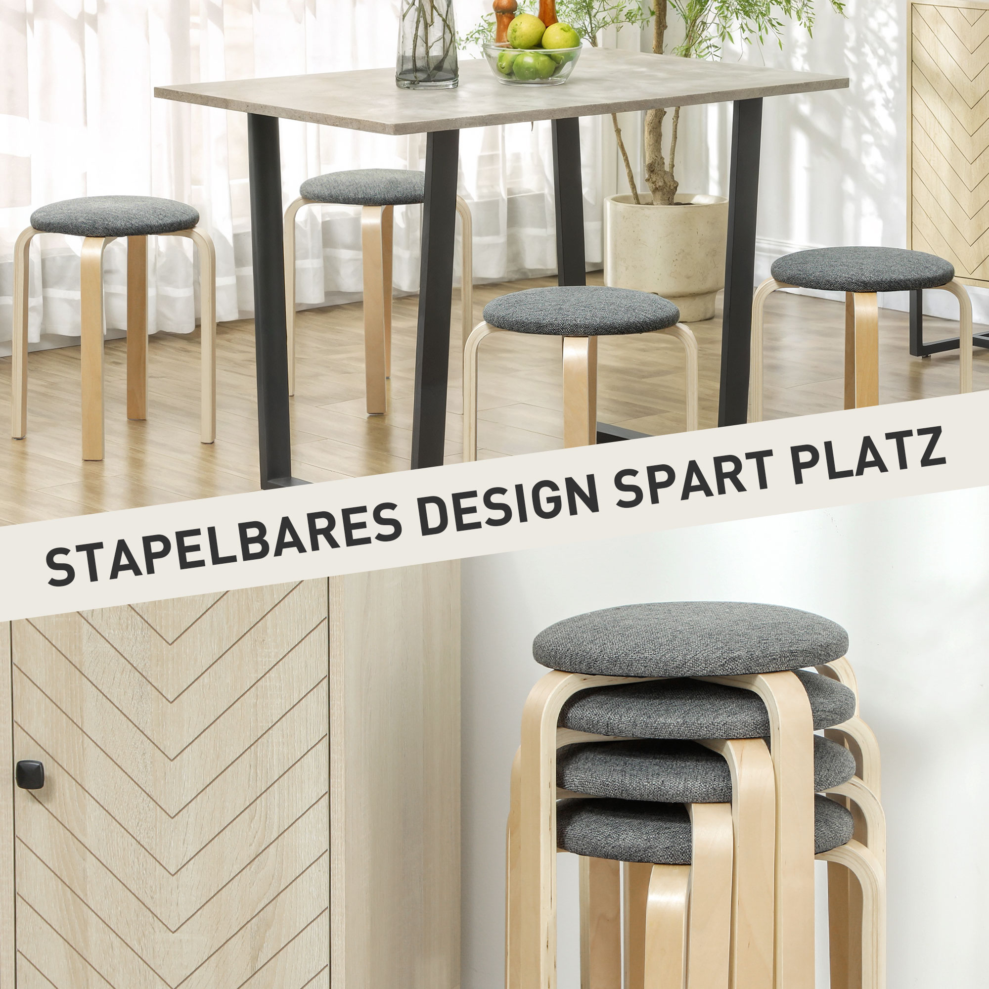 Polsterhocker im 4er-Set, stapelbar, lackierte Oberfläche, Holzbeine, Grau