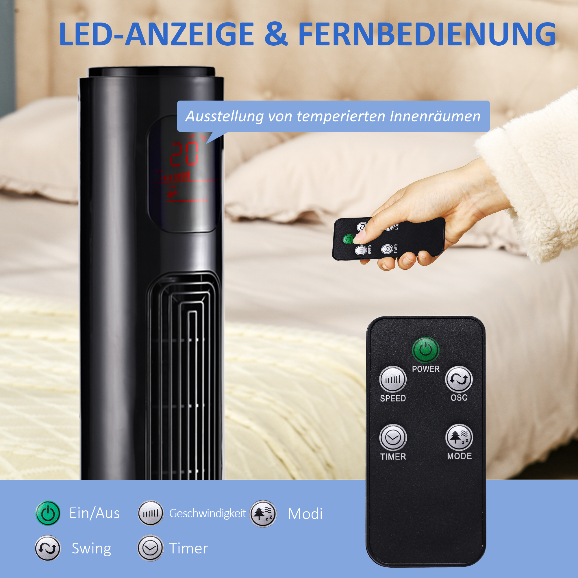 70° oszillierender Turmventilator mit Fernbedienung 3 Modi 3 Geschwindigkeiten Timer 32 x 32 x 96 cm Schwarz