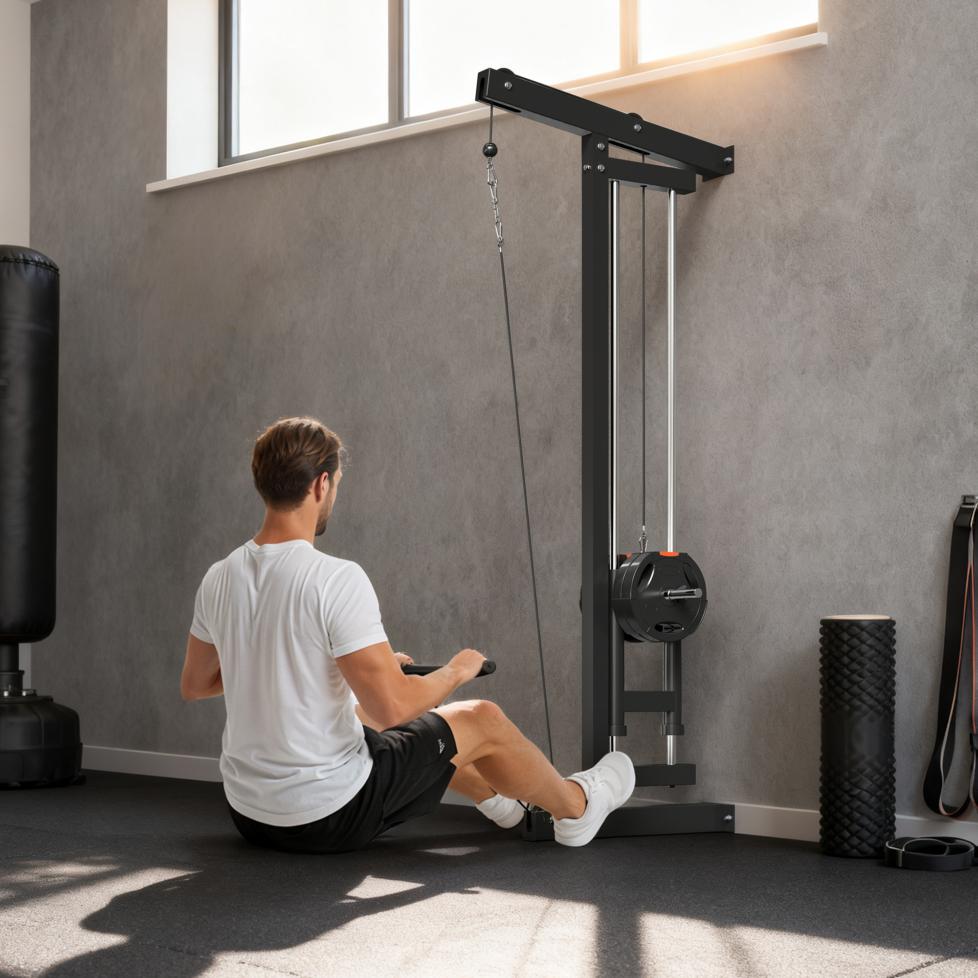 Rudermaschine für Training, wandmontiertes Fitnessgerät, Kabelmaschine für Heimfitnessstudio, Stahl, Schwarz