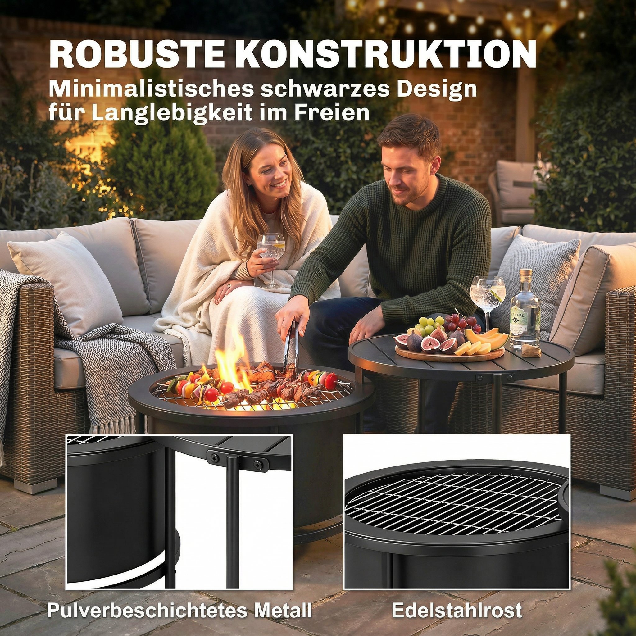 Feuerschale 66 x 63 x 41 cm Rund Feuerstelle mit Grillrost Schürhaken Deckel Ständer Schwarz