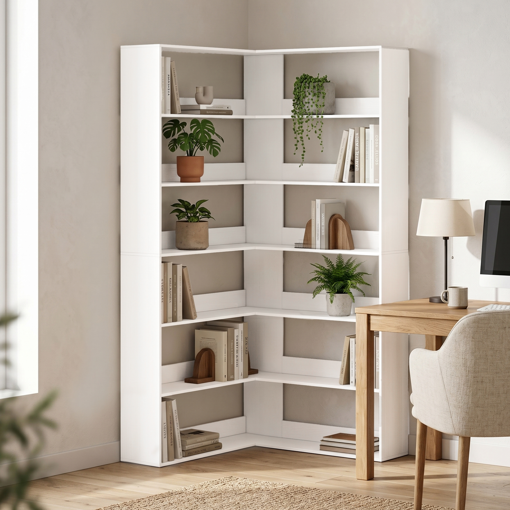 Bücherregal mit 7 Ebenen, L-förmiges Eckrega mit rutschfestem Rückenschutz, Weiß mit Holzoptik