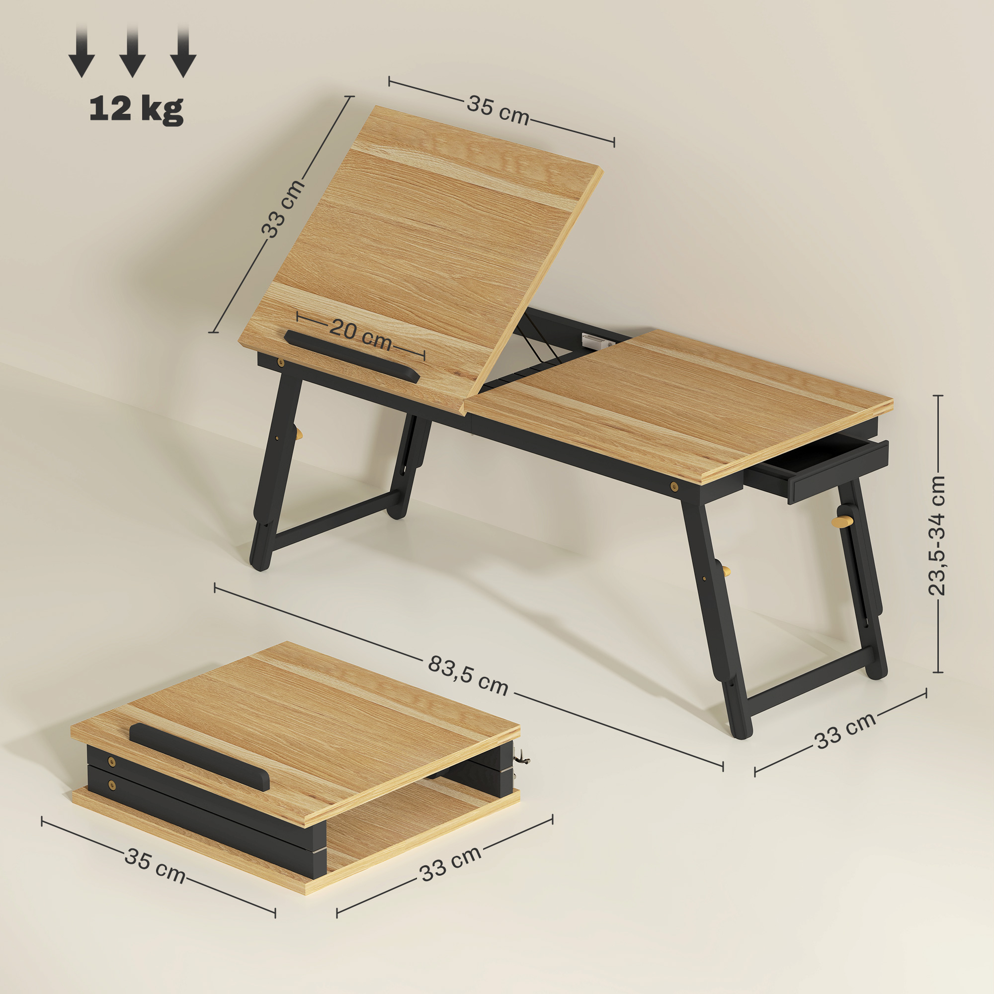 Betttisch, Laptoptisch Höhenverstellbar mit Schublade, Klappbar für Sofa Arbeiten Bett, Eiche