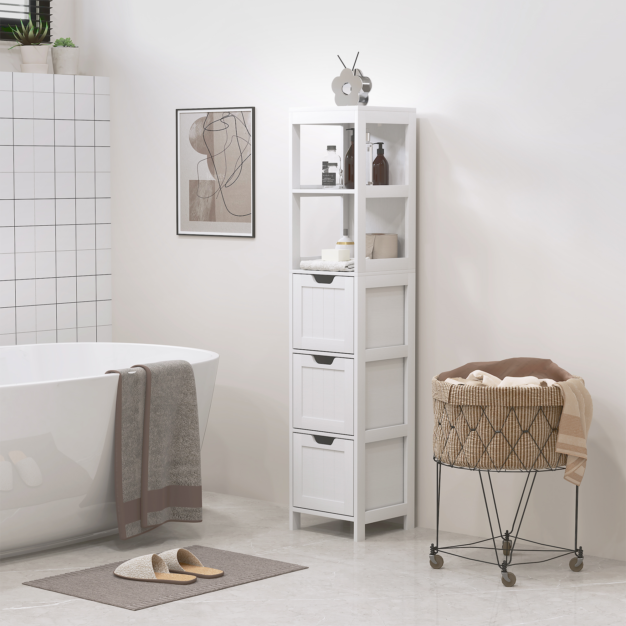 Badezimmerschrank, 2 Regale, 3 Schubladen, wasserabweisendes Material, Weiß