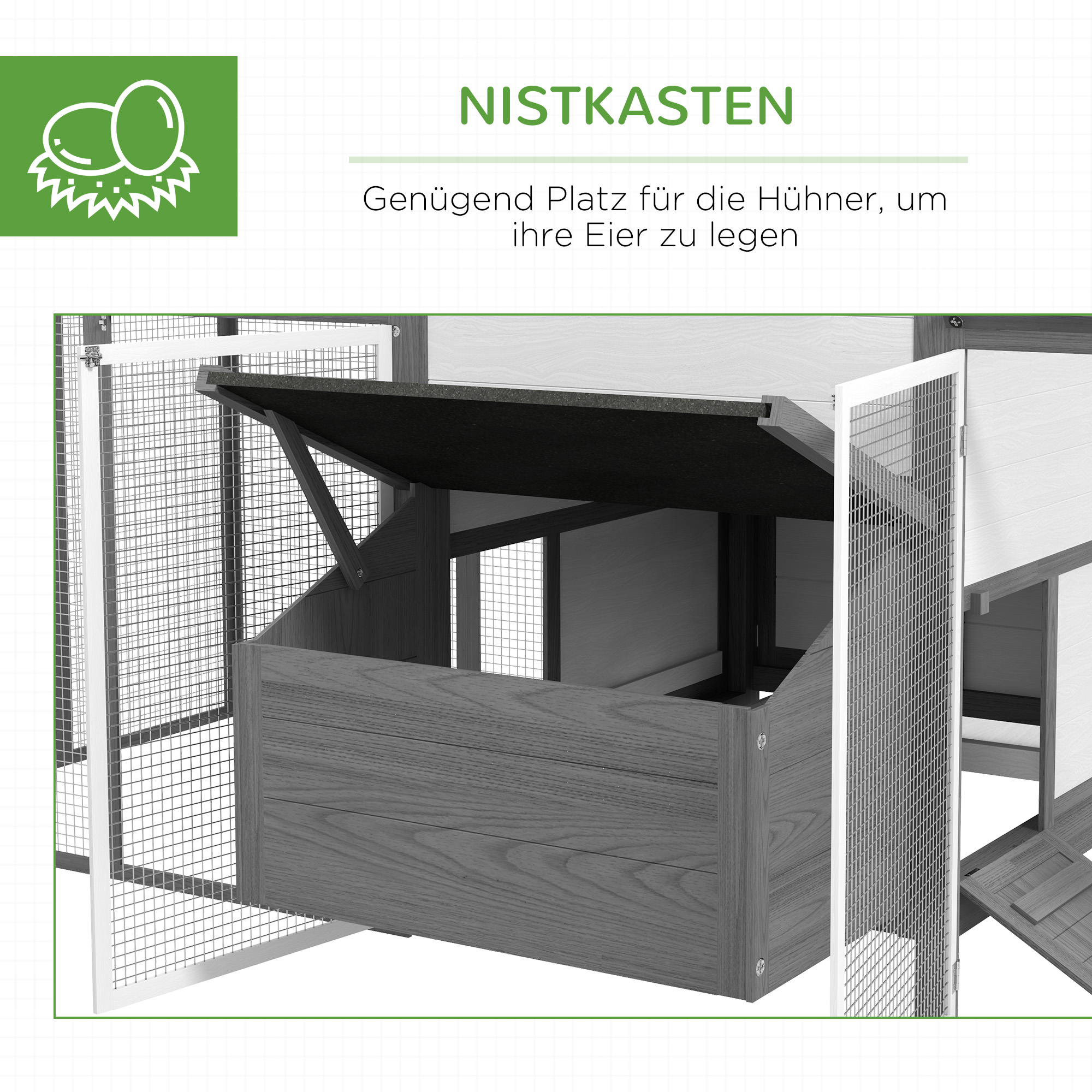 Hühnerstall Kleintierstall 2 Außengehege, 1 Nistkasten, 2 Rampen,Asphaltdach, wetterbeständig, Grau