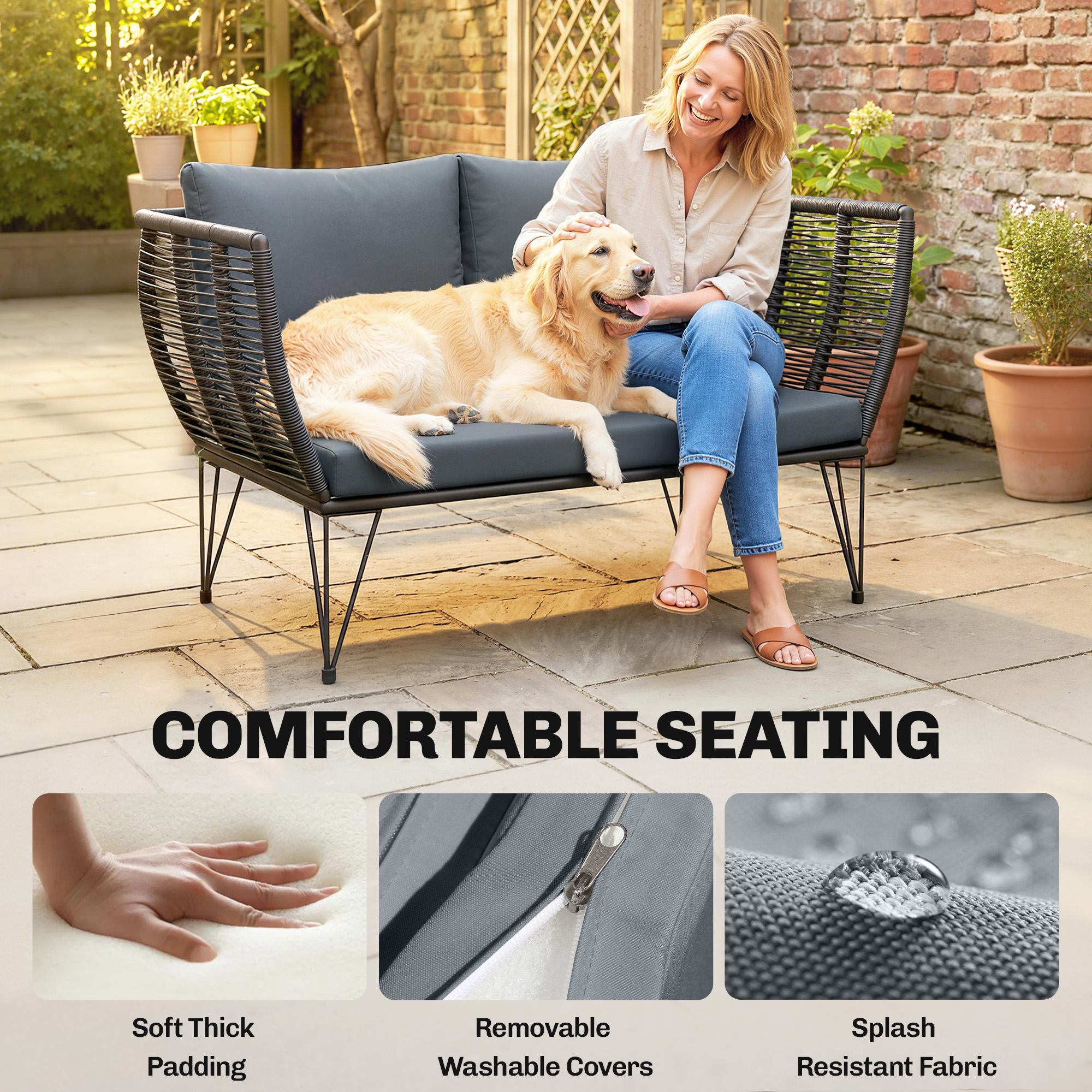 Gartensofa mit Kissen 2-Sitzer Sofa Outdoor Balkon Sofa Rattansofa Polyrattan Gartenmöbel 123 x 67 x 72 cm Hellgrau