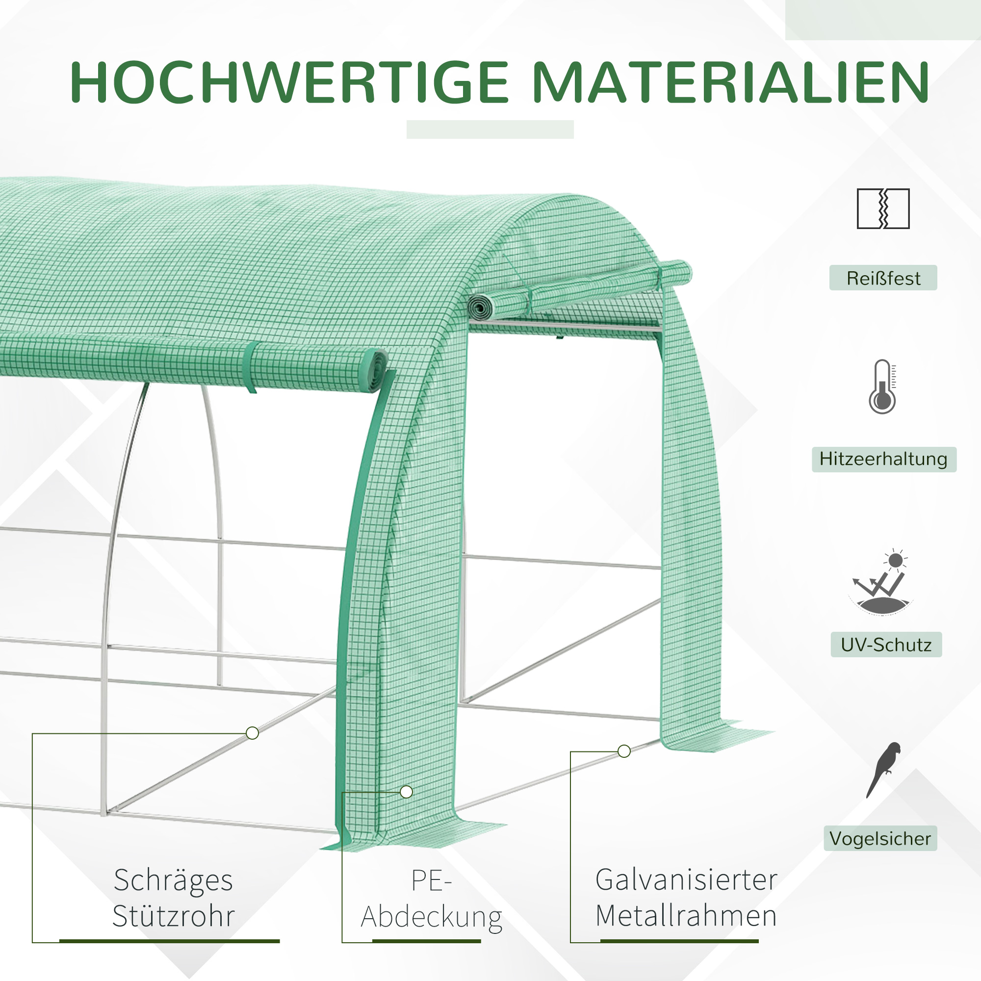 Foliengewächshaus Polytunnel 6 x 3 x 2 m begehbares Gewächshaus mit aufrollbar Abdeckungen Folientunnel Treibhaus UV-Schutz Stahlrohr Grün