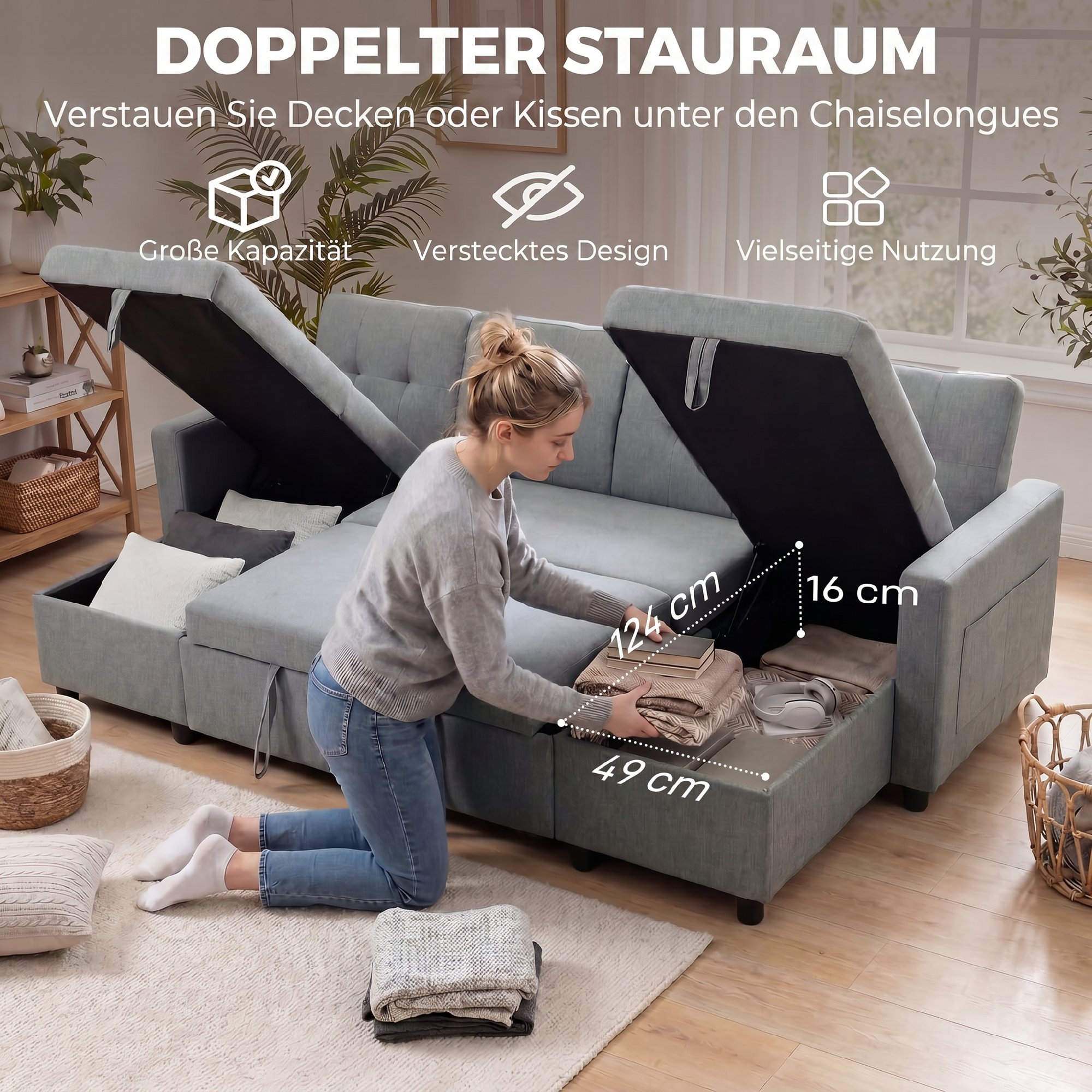 Ecksofa mit Schlaffunktion und Bettkasten U-Form 4-Sitzer Sofa mit Chaiselongue, verstellbarer Rückenlehne, Leinenoptik