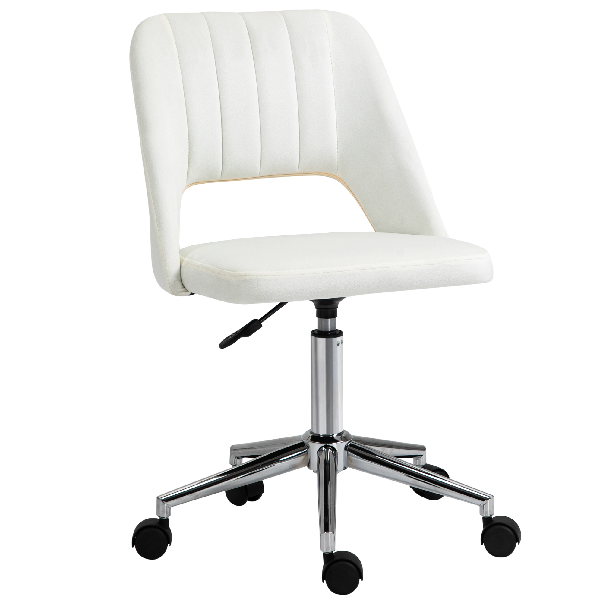 höhenverstellbarer Schreibtischstuhl mit Rollen, 360° drehbar, Jakobsmuschel-Form, Schaumstoff, 49 x 60 x 79-91 cm, Cremeweiß