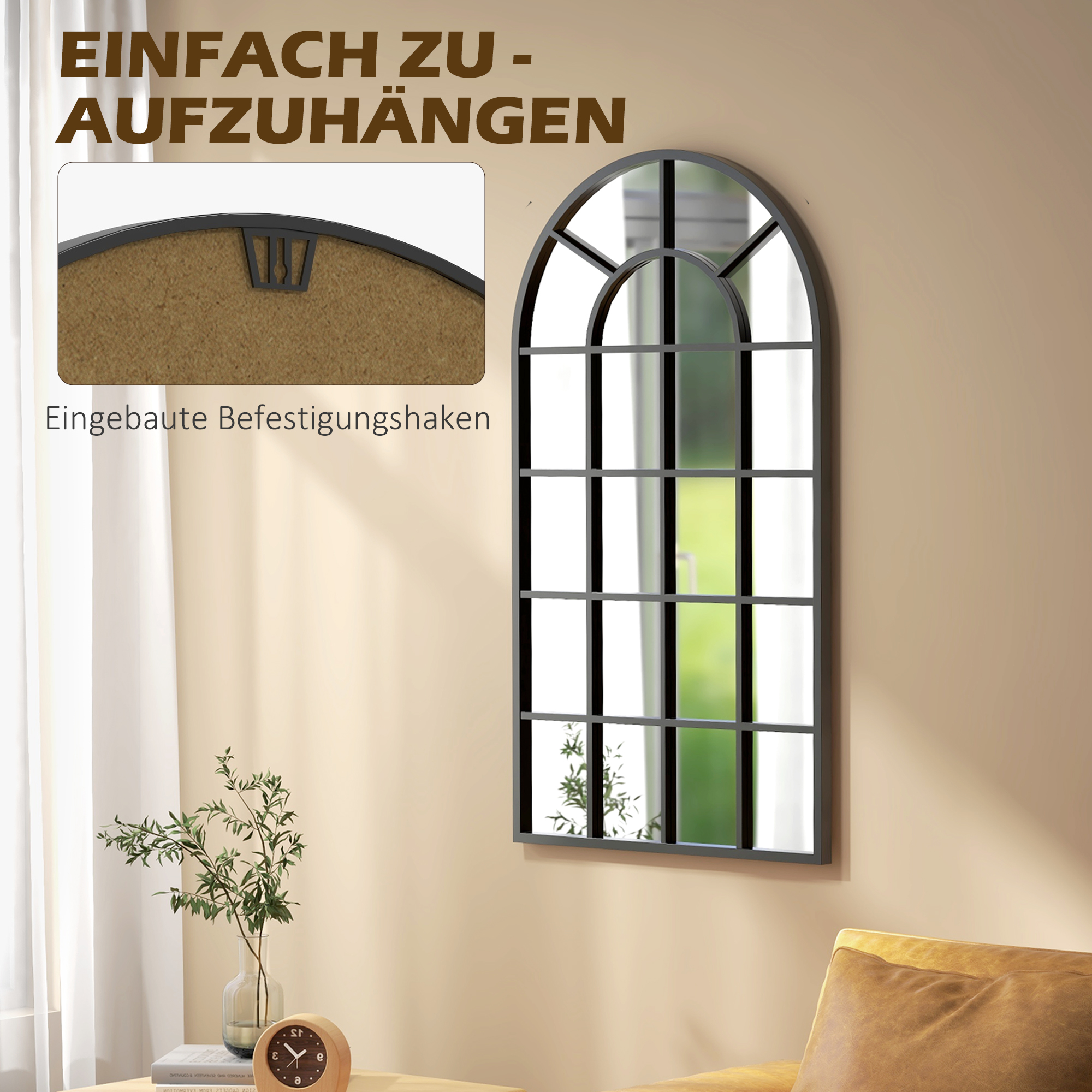 Dekospiegel großer Spiegel, Fensteroptik, Bogenförmig, inkl. Aufhängung. Schwarz + Spiegelglas