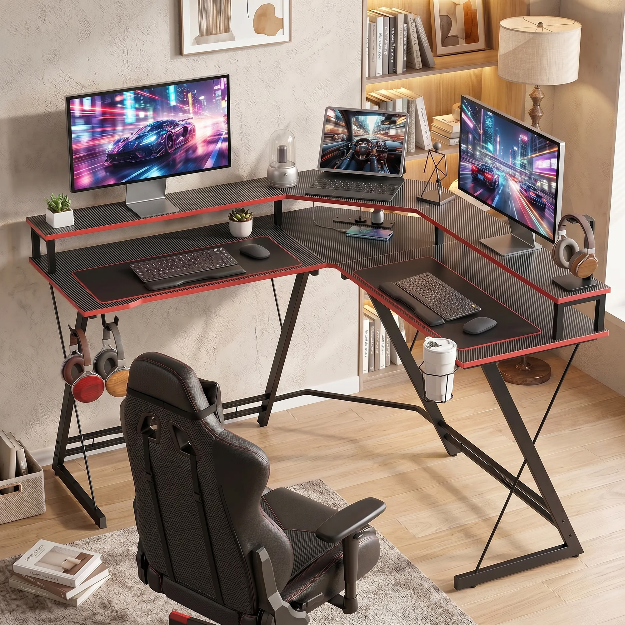 L-förmiger Computertisch mit Steckdosen, 128 cm Eckschreibtisch mit Monitorständer, Kopfhörerhaken & Getränkehalter