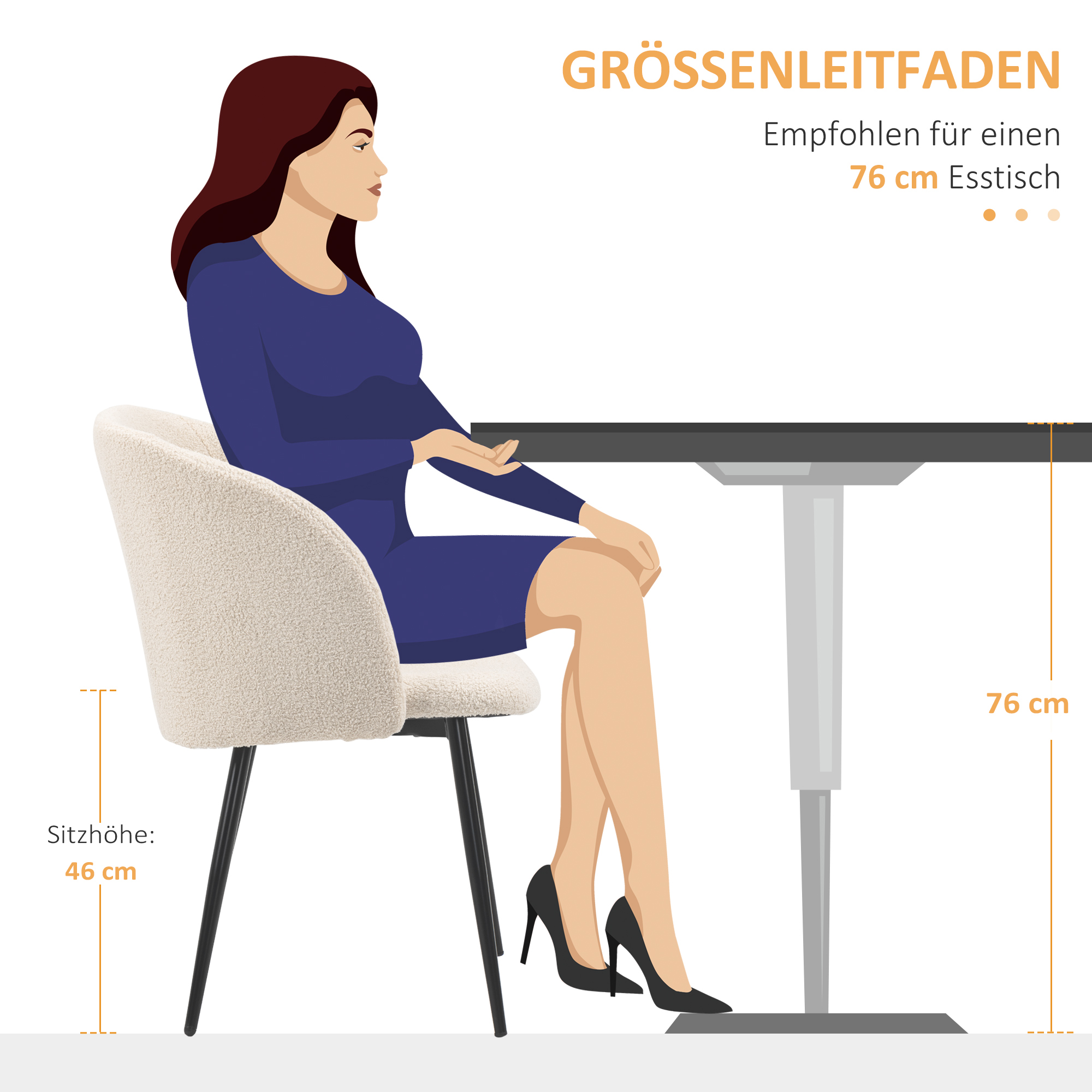 2er-Set Esszimmerstühle, Polsterstühle mit Stoffbezug, Küchenstühle mit Stahlbeinen, gewölbte Rückenlehne, Cremeweiß