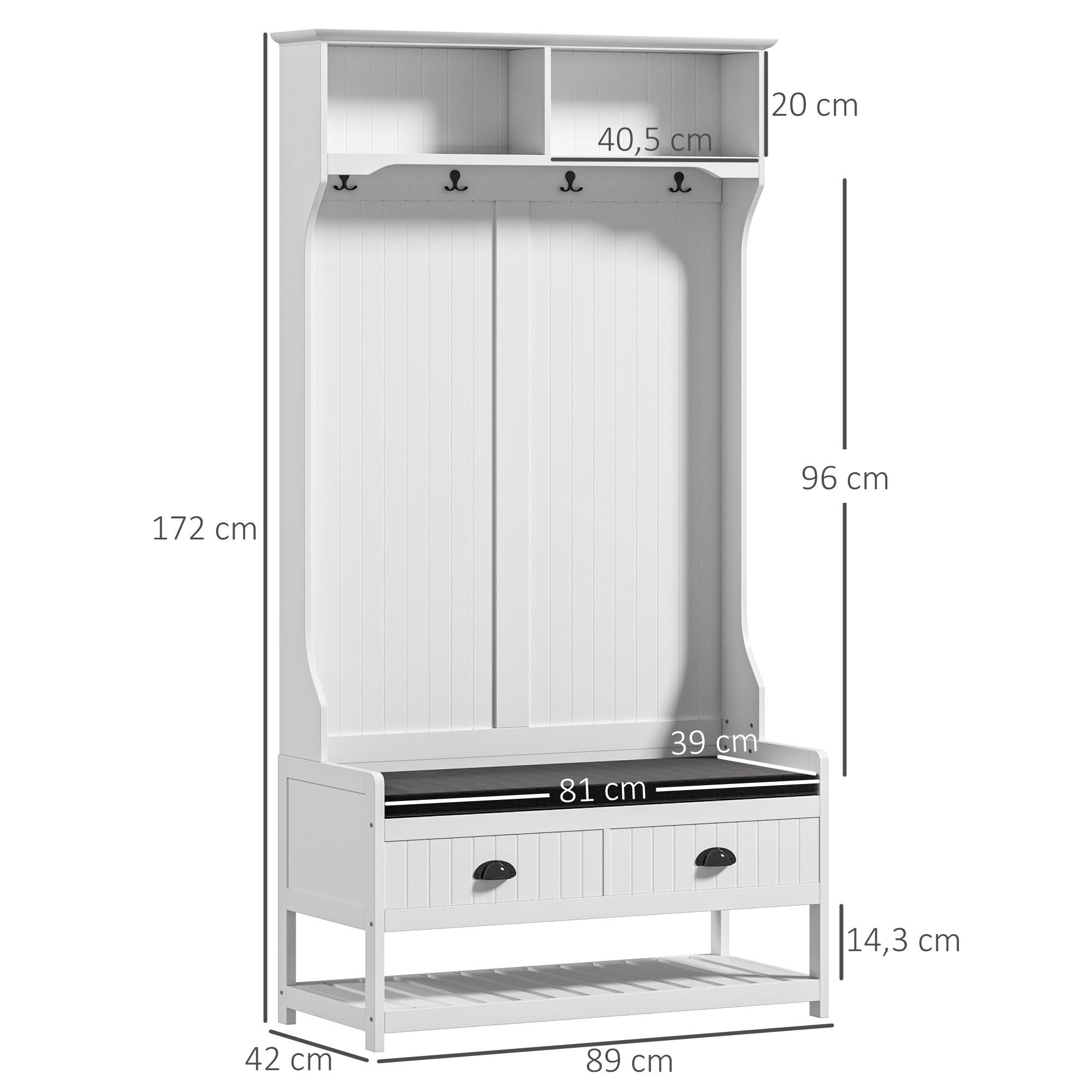 Garderobenständer mit Haken, Garderobe mit Schuhbank, für Eingangsbereich, Flur, Metall, MDF, Weiß+Grau