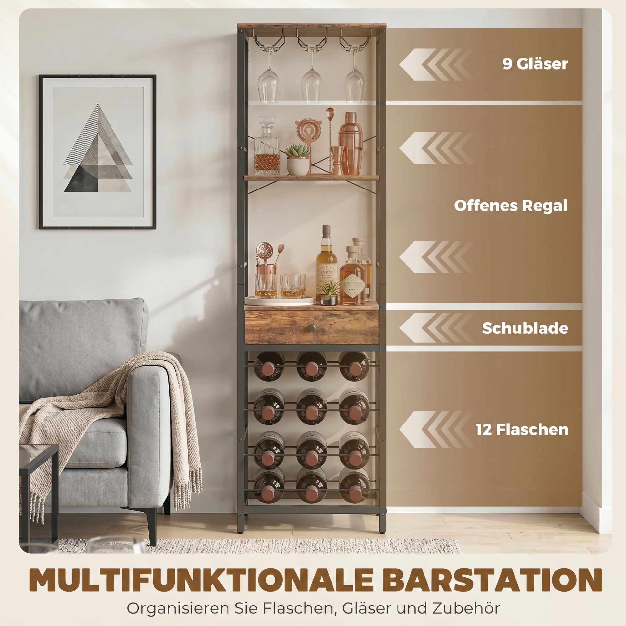 Weinbar-Schrank mit Schublade, Industrieller Barschrank, Weinregal für 12 Flaschen, Glashalter, Rustikal Braun
