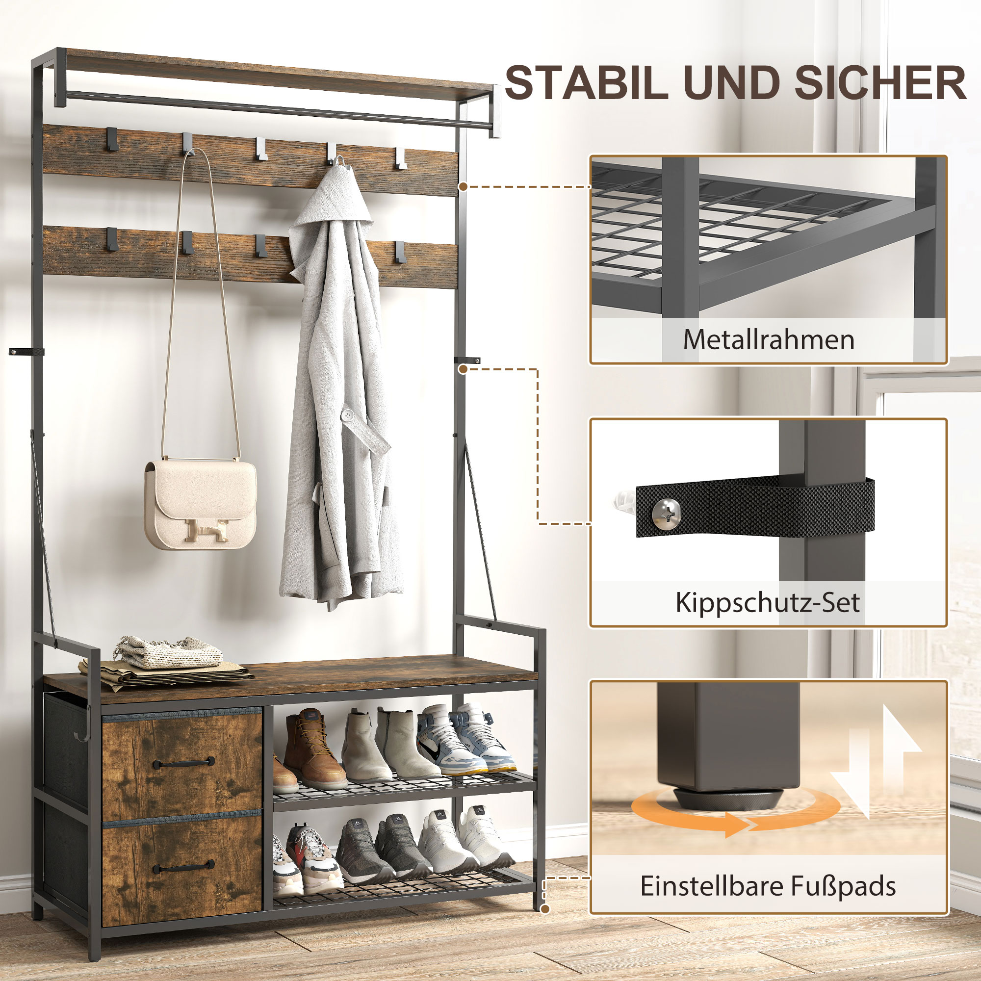 6-in-1 Garderobenständer mit Schuhregal, Industrie-Stil, 10 Haken, 2 Stoffschubladen, Metall, Braun