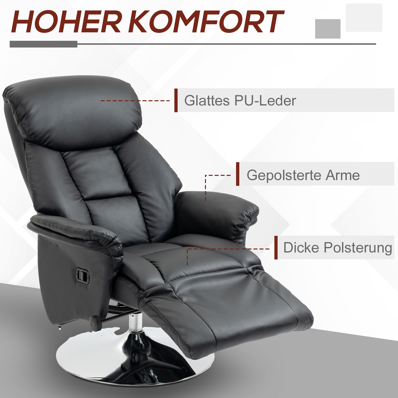 Relaxsessel, Liegefunktion, Lederoptik, Fußstütze, bis 150 kg, 78 x 80 x 109 cm, Schwarz