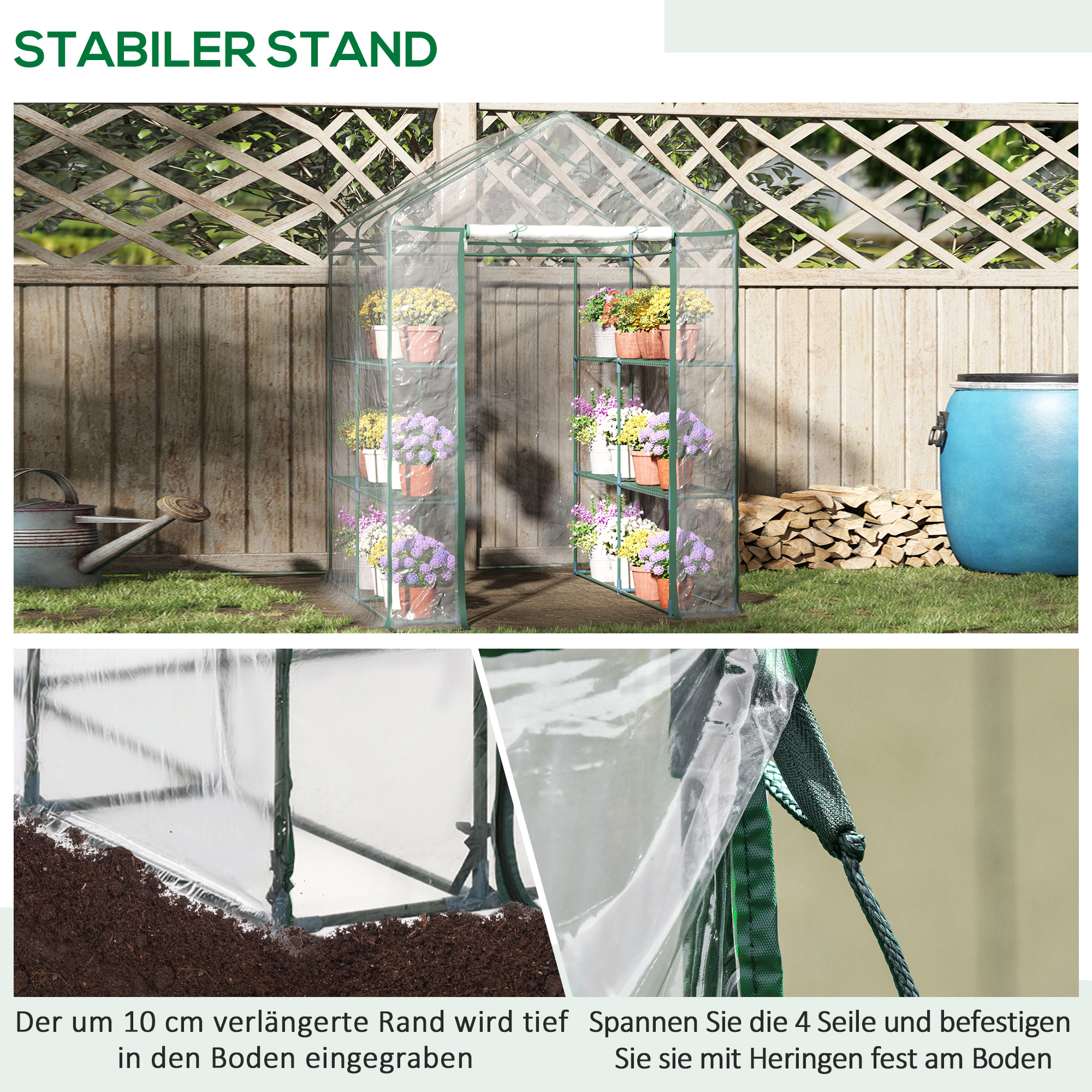 Foliengewächshaus begehbares Gartenhäuschen Tomatengewächshaus Treibhaus Frühbeet mit 6 Regalen Transparent Stahl PVC-Kunststoff 143 x 143 x 195 cm
