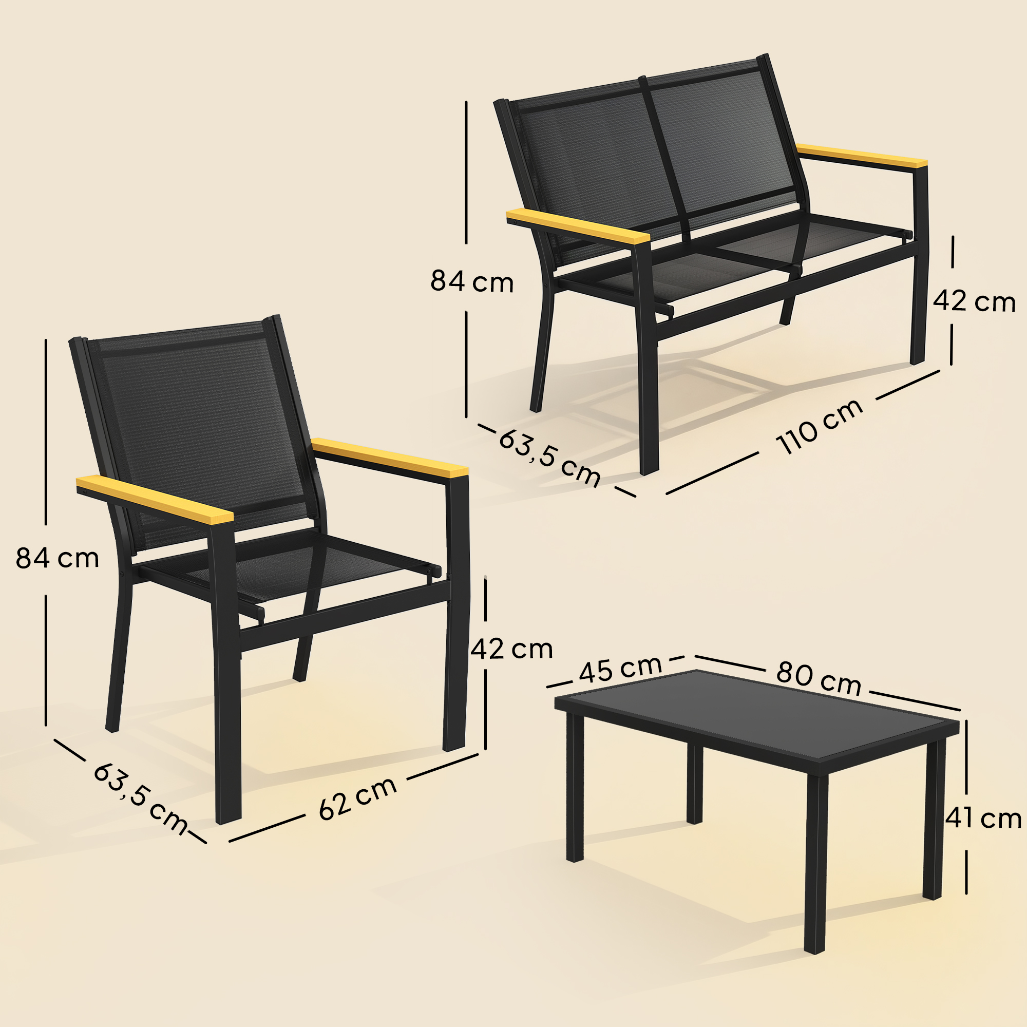 Gartenmöbel Set Metall Sitzgruppe für 4 Personen Gartenlounge mit 2er Sofa Stuhl Beistelltisch 110x63,5x84 cm Schwarz