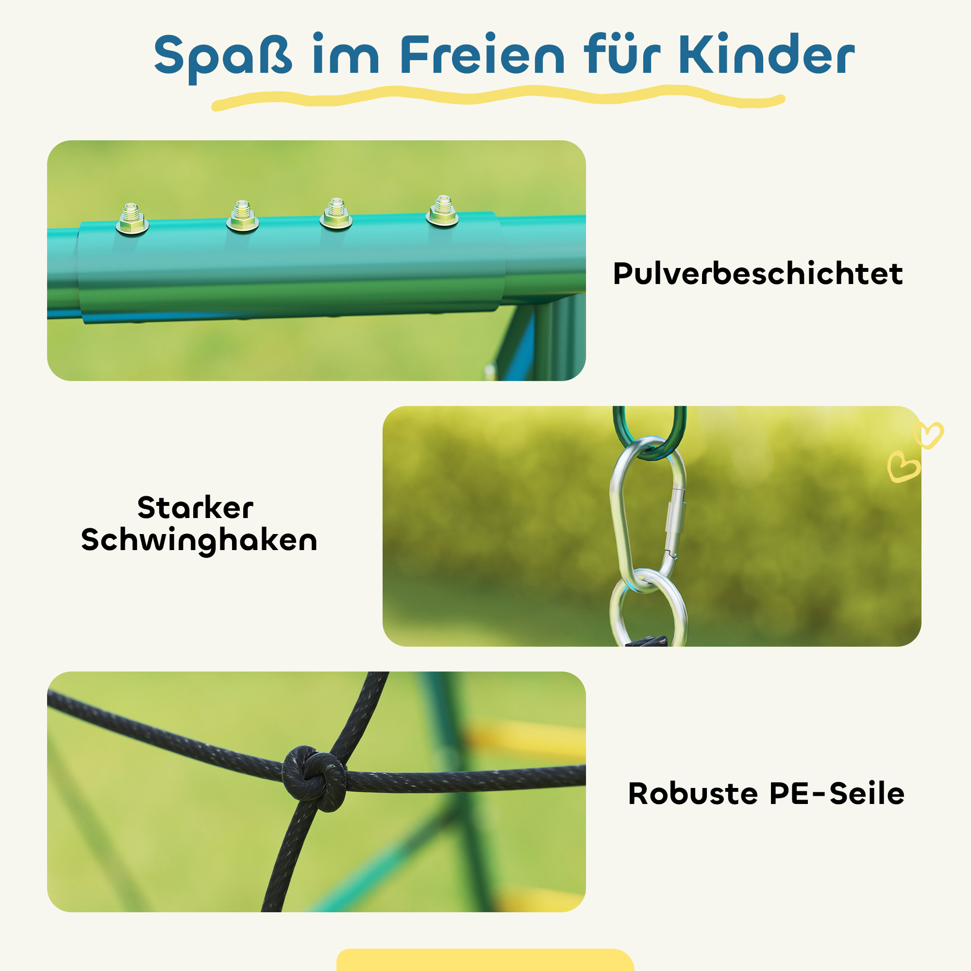 5-in-1 Schaukelgestell mit verstellbarer Nestschaukel Turnringe Doppelsitzer Klettergerüst für 3-8 Jahre 440x175x203 cm