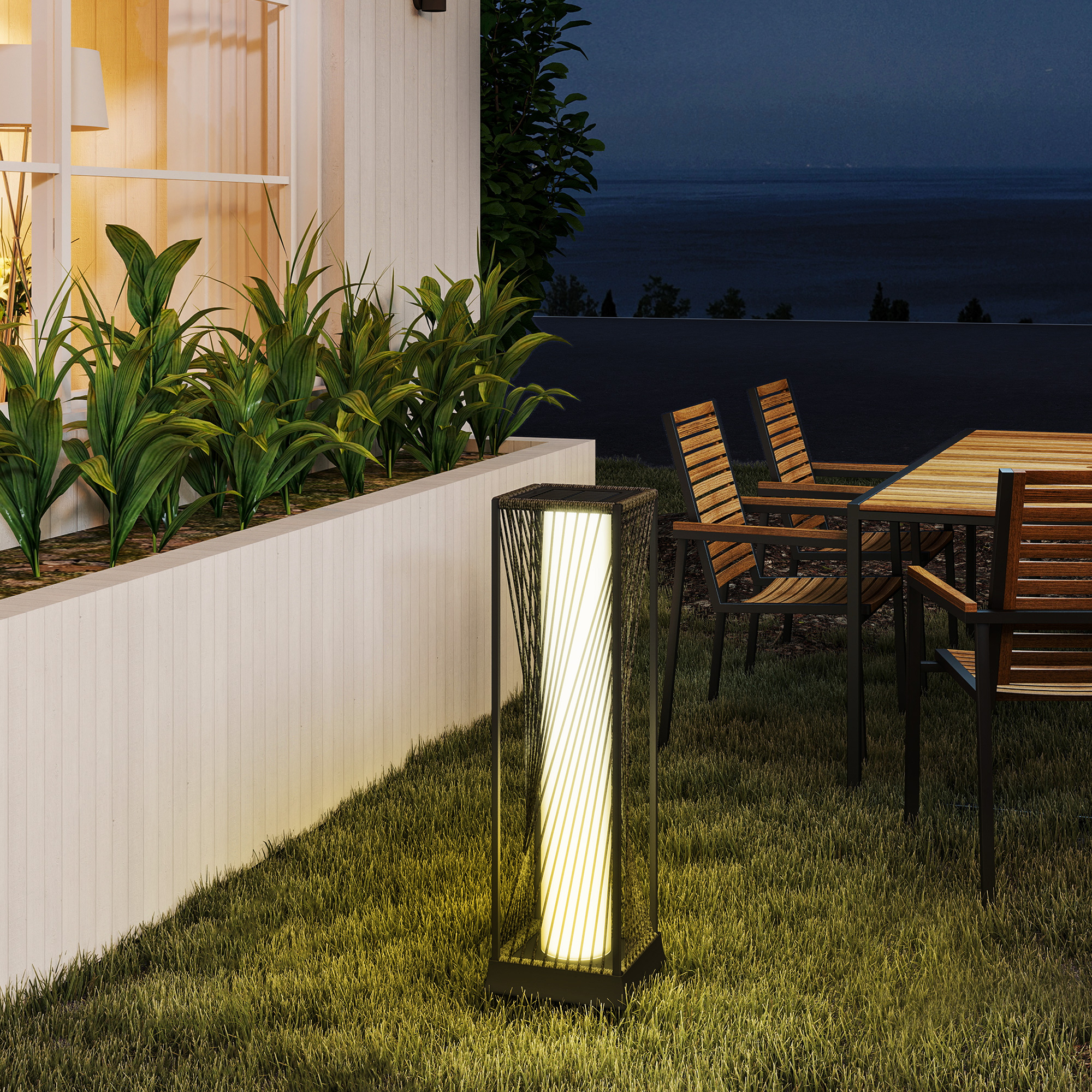Solar Stehlampe Rattan mit Lichtsensor 25 LED Solarlampen im Boho-Stil IP44 Spritzwassergeschützt Schwarz+Grau