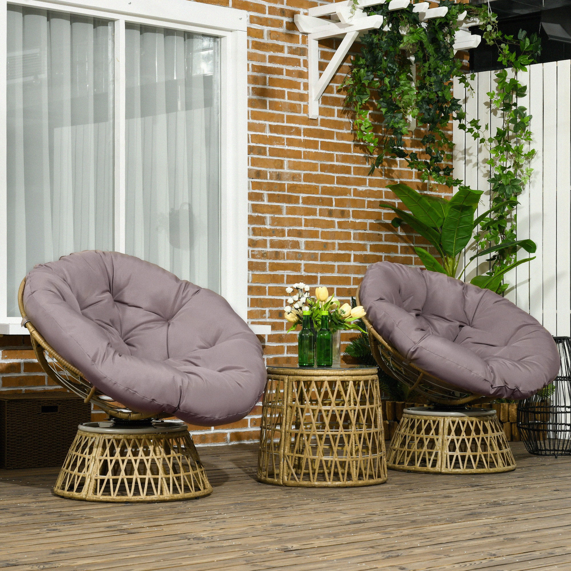 Bistro-Set Balkon-Set Terrassenset, wetterbeständig, abnehmbare Polster, 85 cm x 70 cm x 82 cm, Natur +Hellbraun
