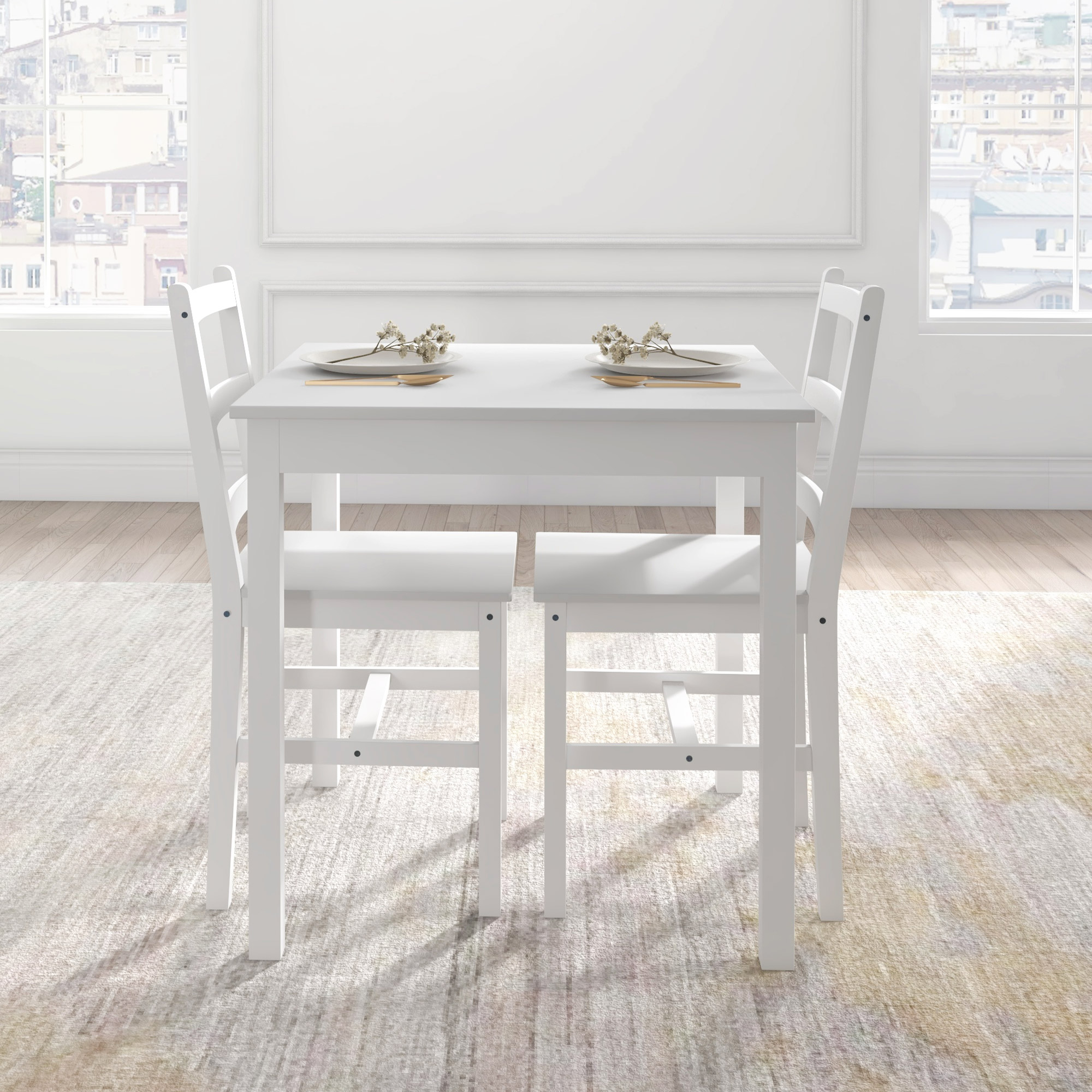 3-teilige Essgruppe Sitzgruppe Tisch mit Stühlen, Massivholz, Weiß