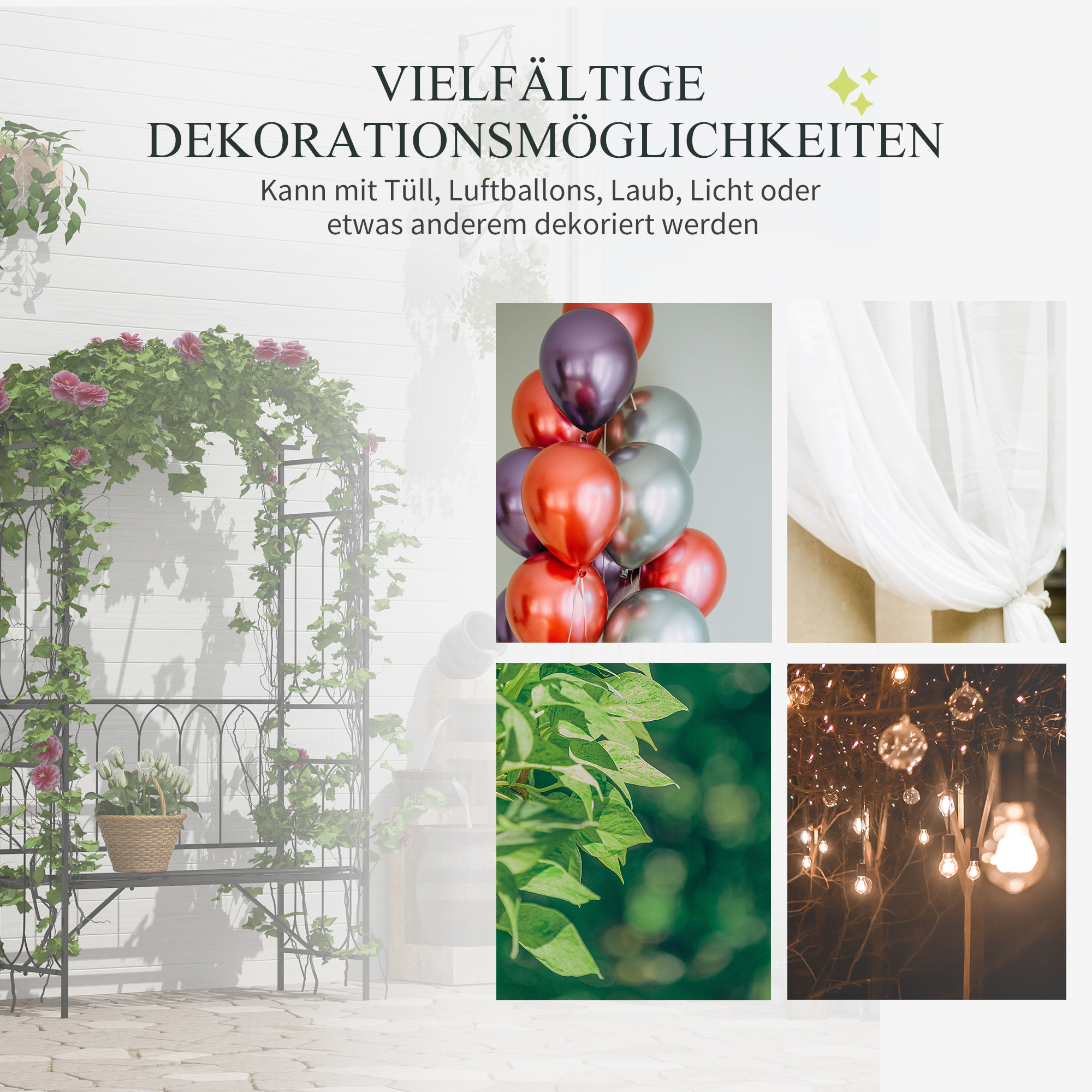 Rosenbogen mit Bank Rosenbank Laubenbank Philosophenbank Rankgitter Rankhilfe Gartenbank Metall Schwarz 115 x 50 x 203 cm