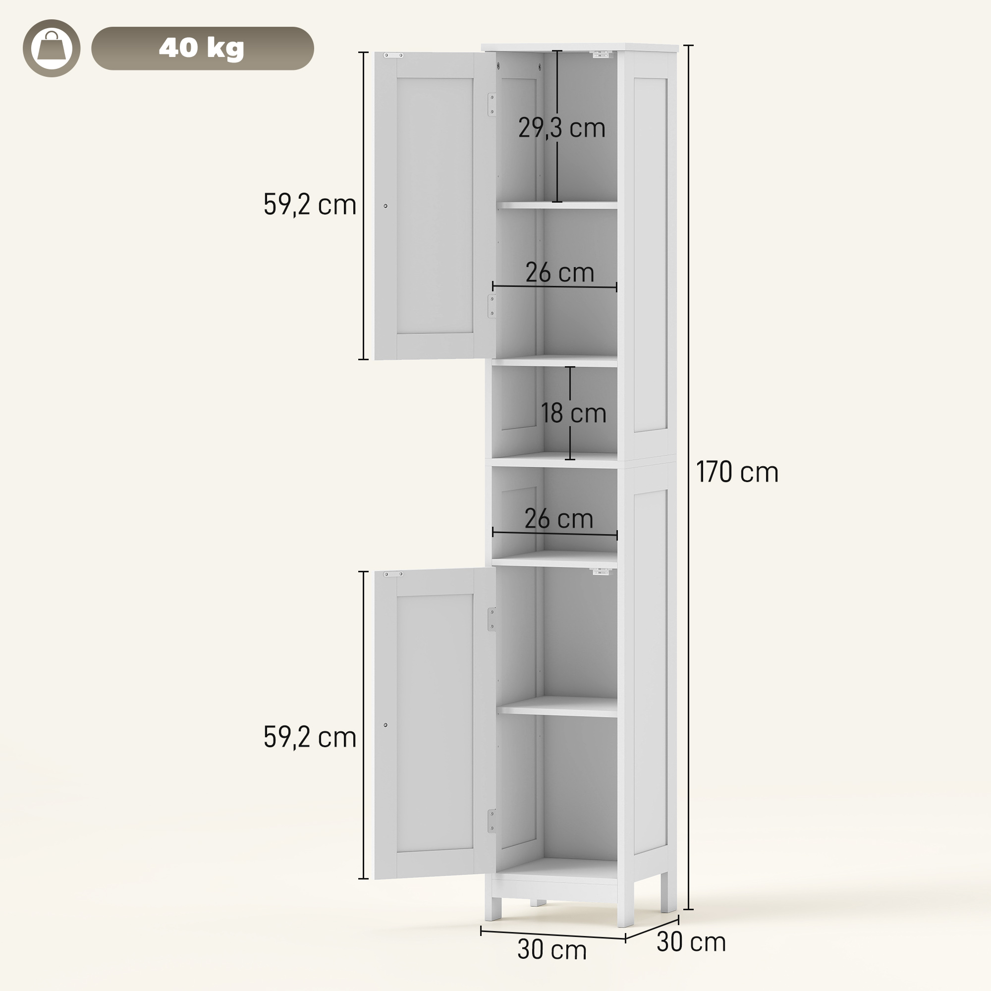 hoher schlanker Badezimmerschrank mit Türen, offene Regale, 30 x 30 x 170 cm, Weiß